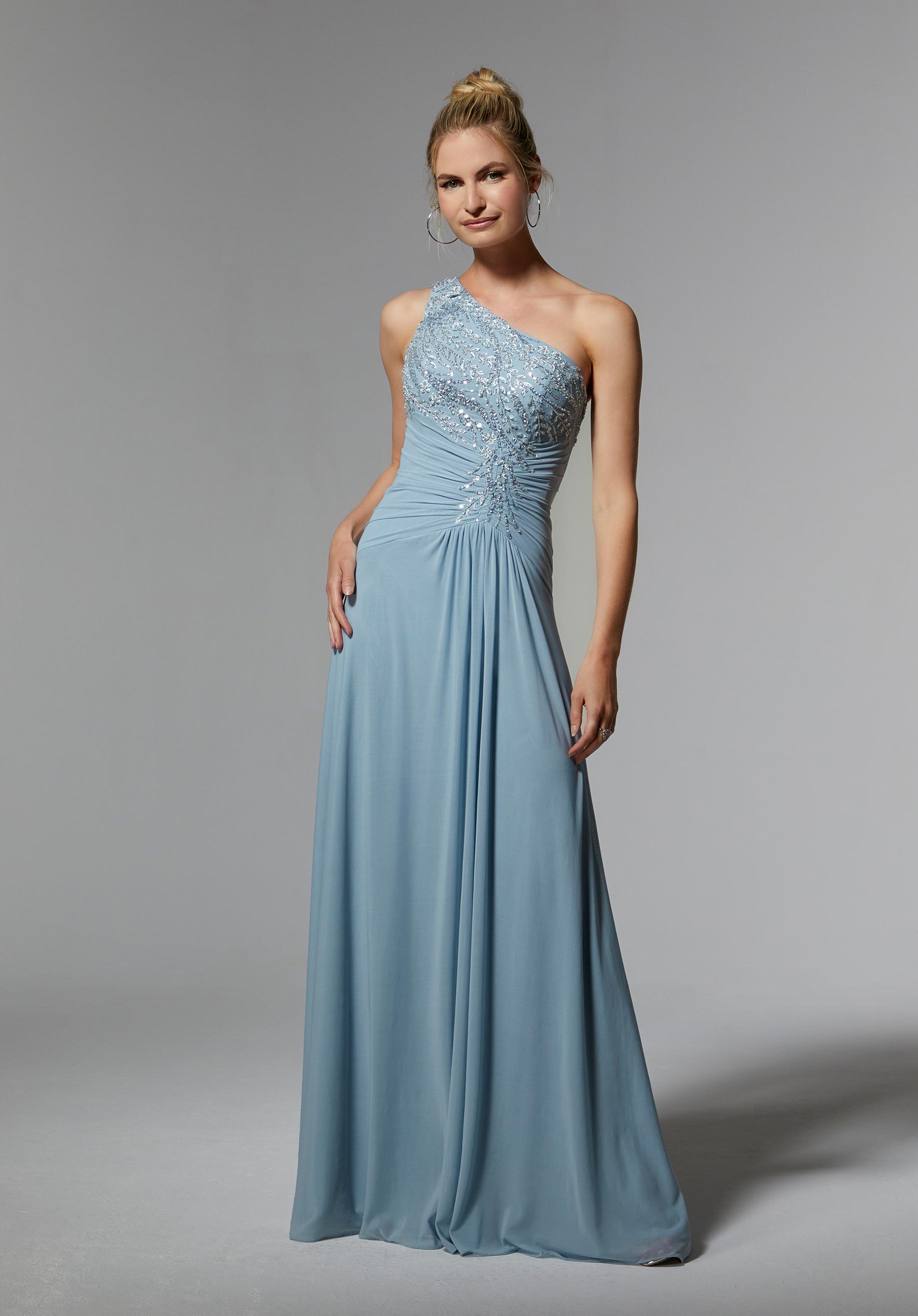 Ruched Stretch Mesh Evening Gown with Beaded Floral Embroidery Morilee