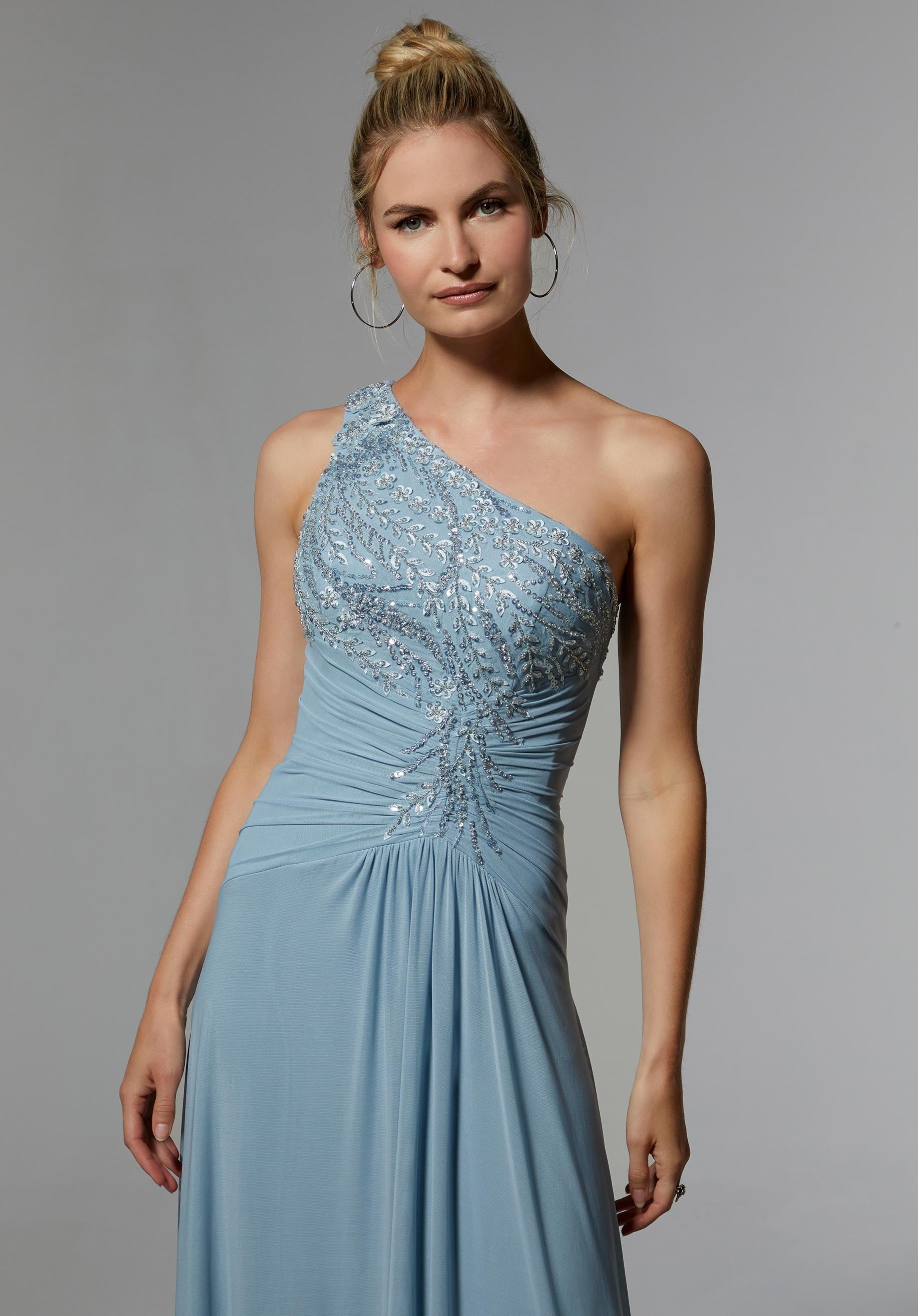 Ruched Stretch Mesh Evening Gown with Beaded Floral Embroidery Morilee