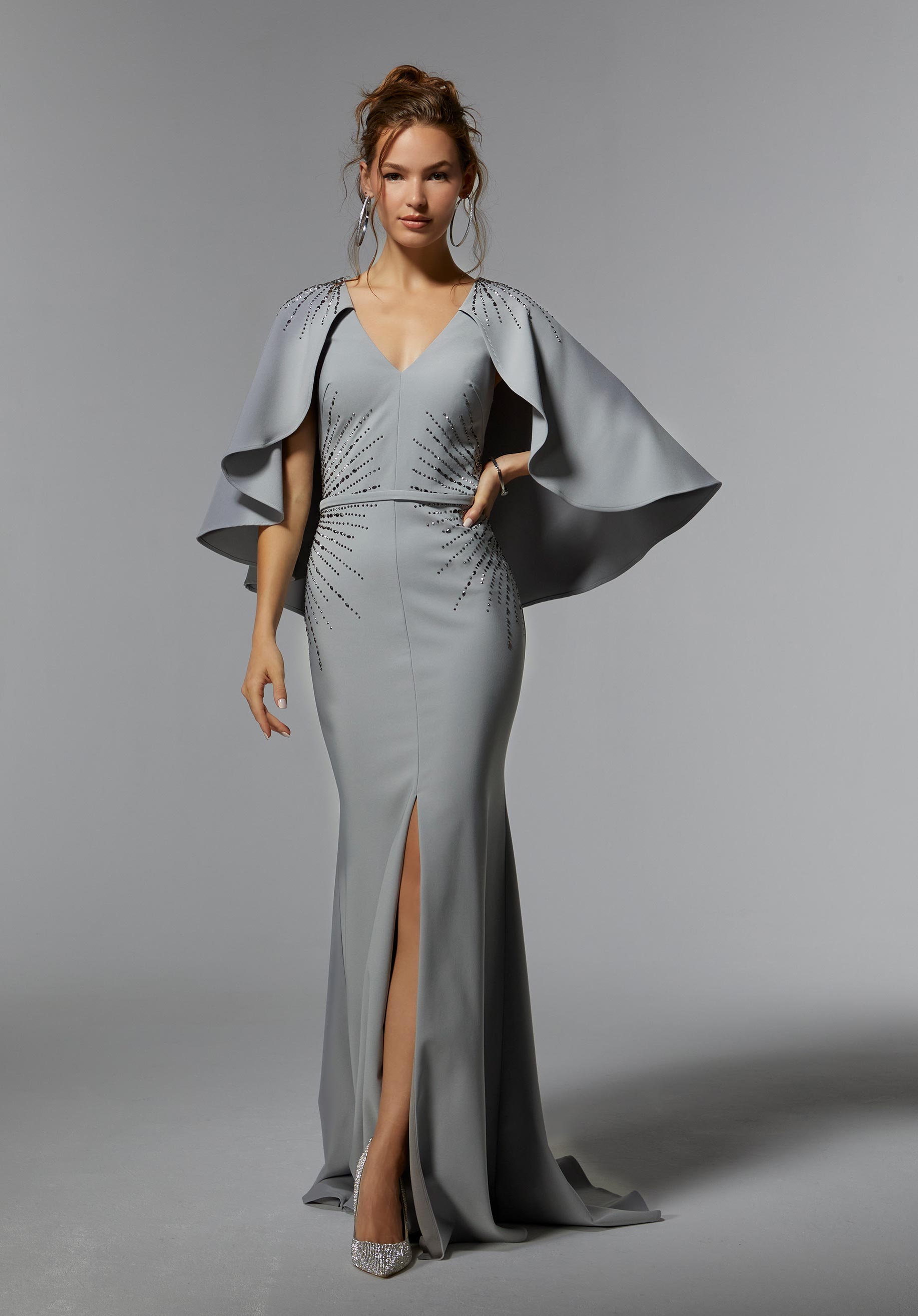 Crystal Beaded Scuba Crepe Evening Gown with Detachable Cape Morilee