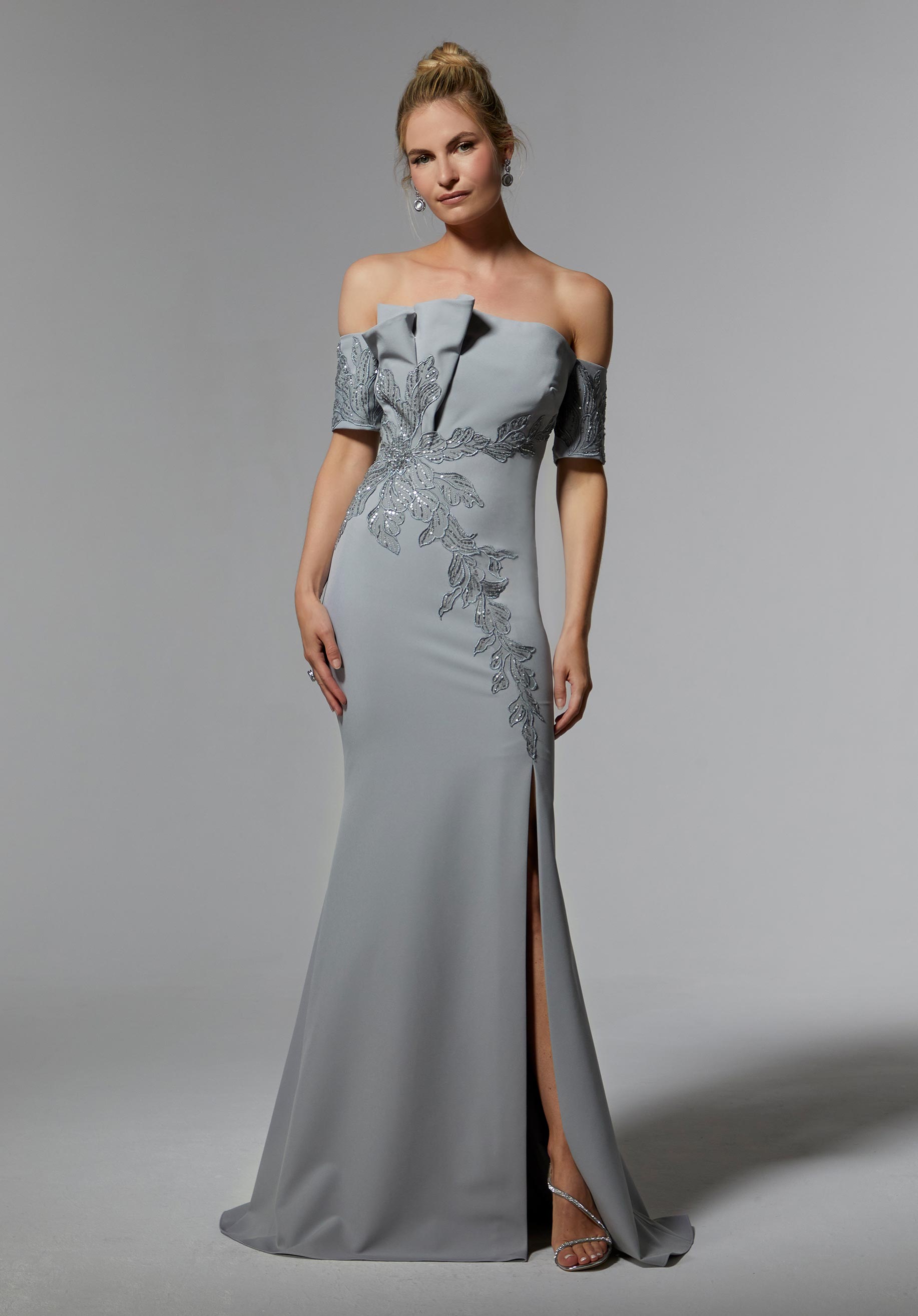Crystal Beaded Floral Lace Evening Gown in Scuba Crepe Morilee