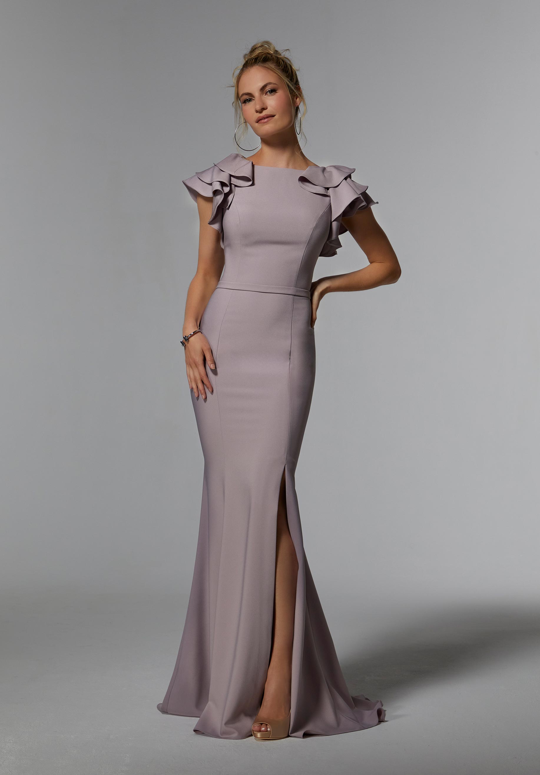 Stretch Crepe Fit and Flare Evening Gown with Flounced Sleeves Morilee