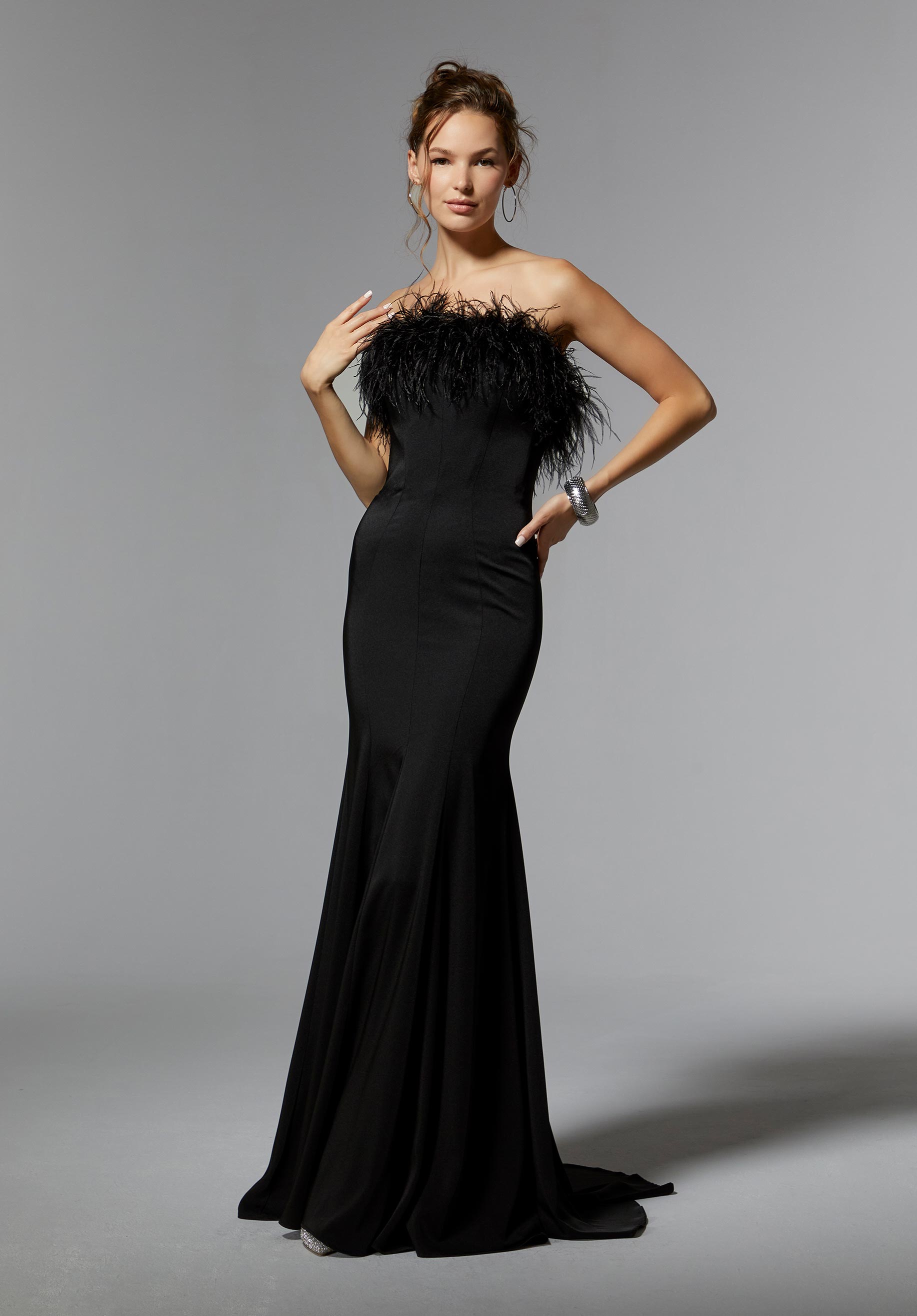 Crepe Sheath Evening Gown with Feathered Neckline Morilee
