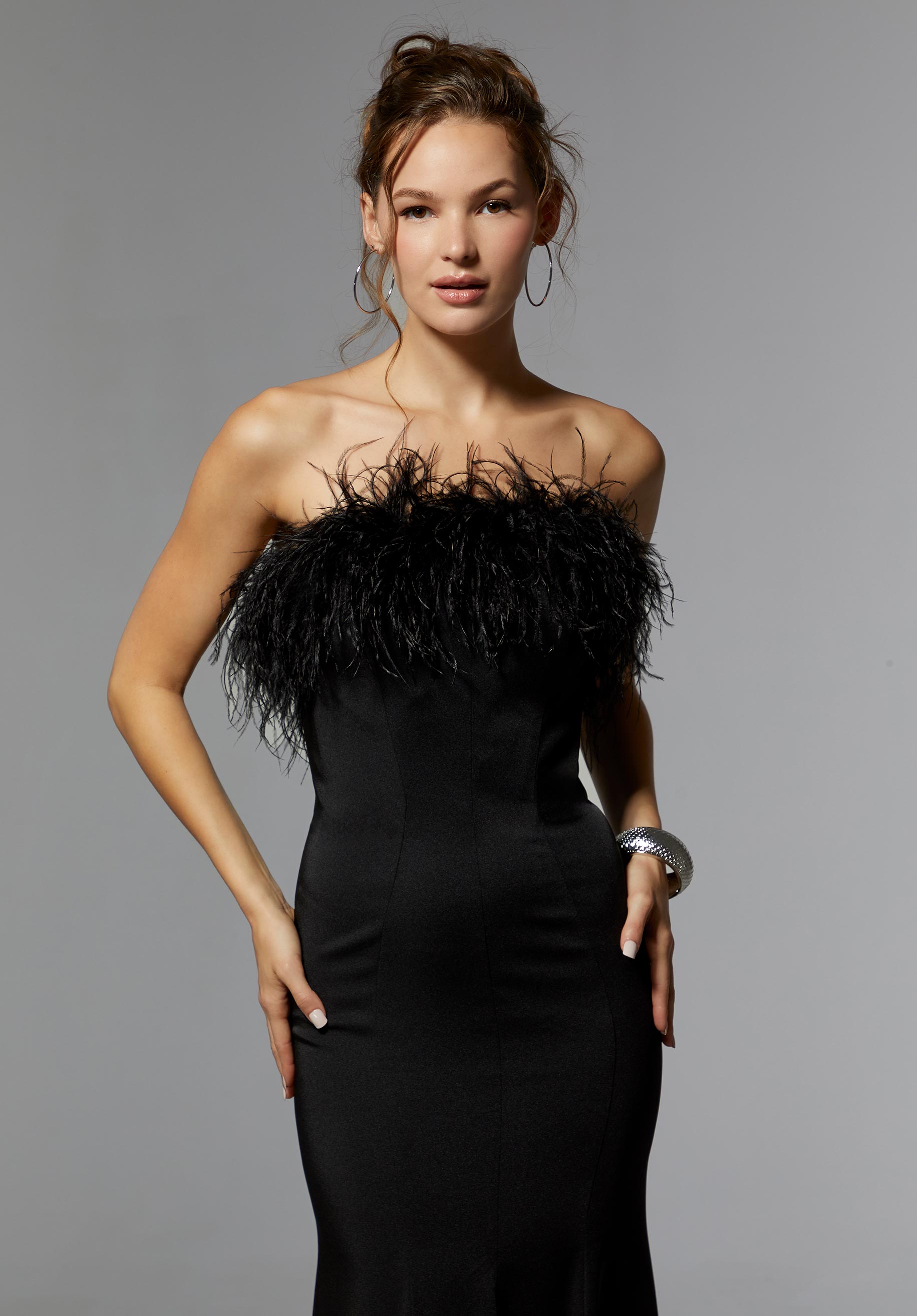 Crepe Sheath Evening Gown with Feathered Neckline Morilee