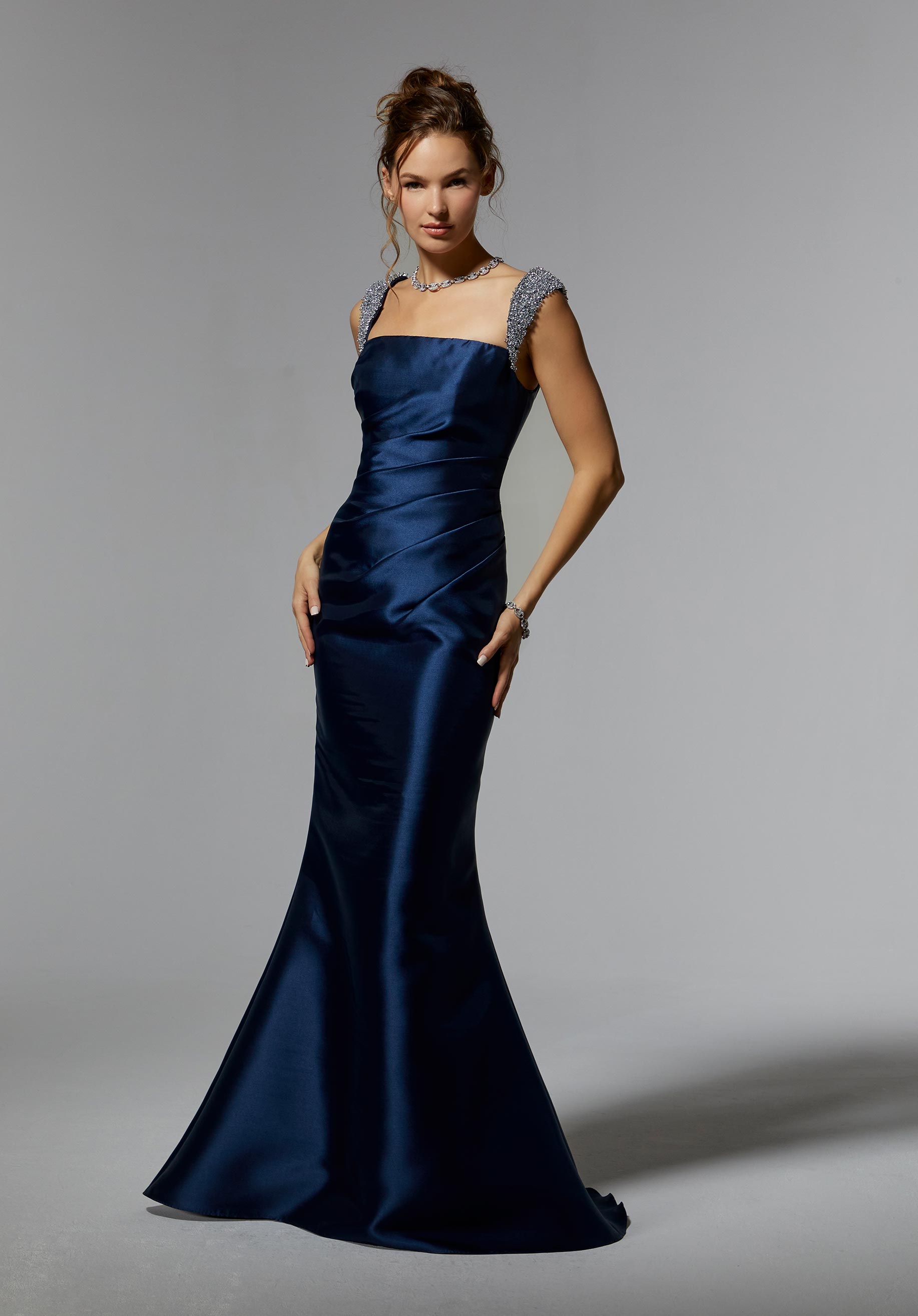 Draped Larissa Satin Evening Gown with Crystal Beaded Straps Morilee