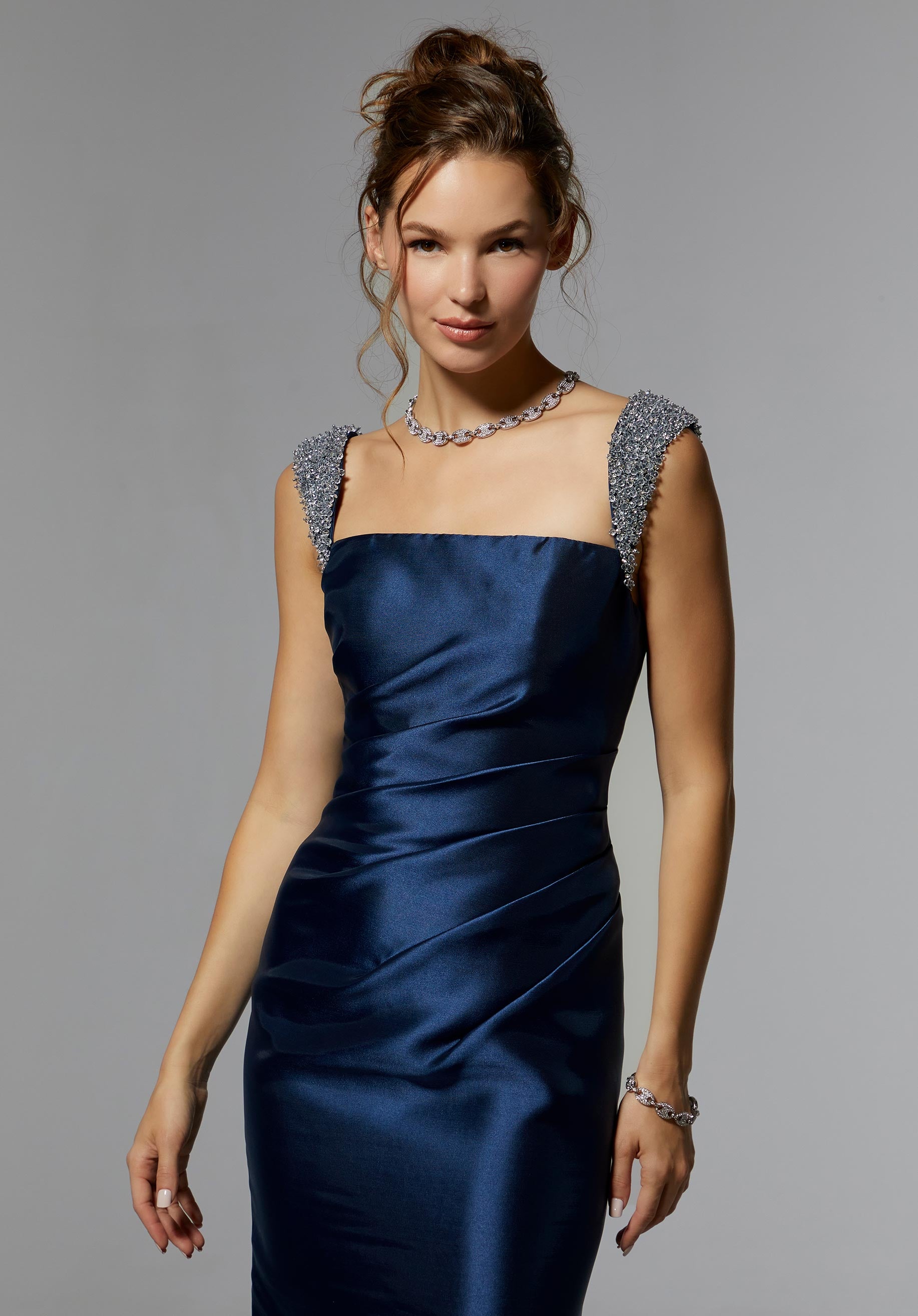 Draped Larissa Satin Evening Gown with Crystal Beaded Straps Morilee