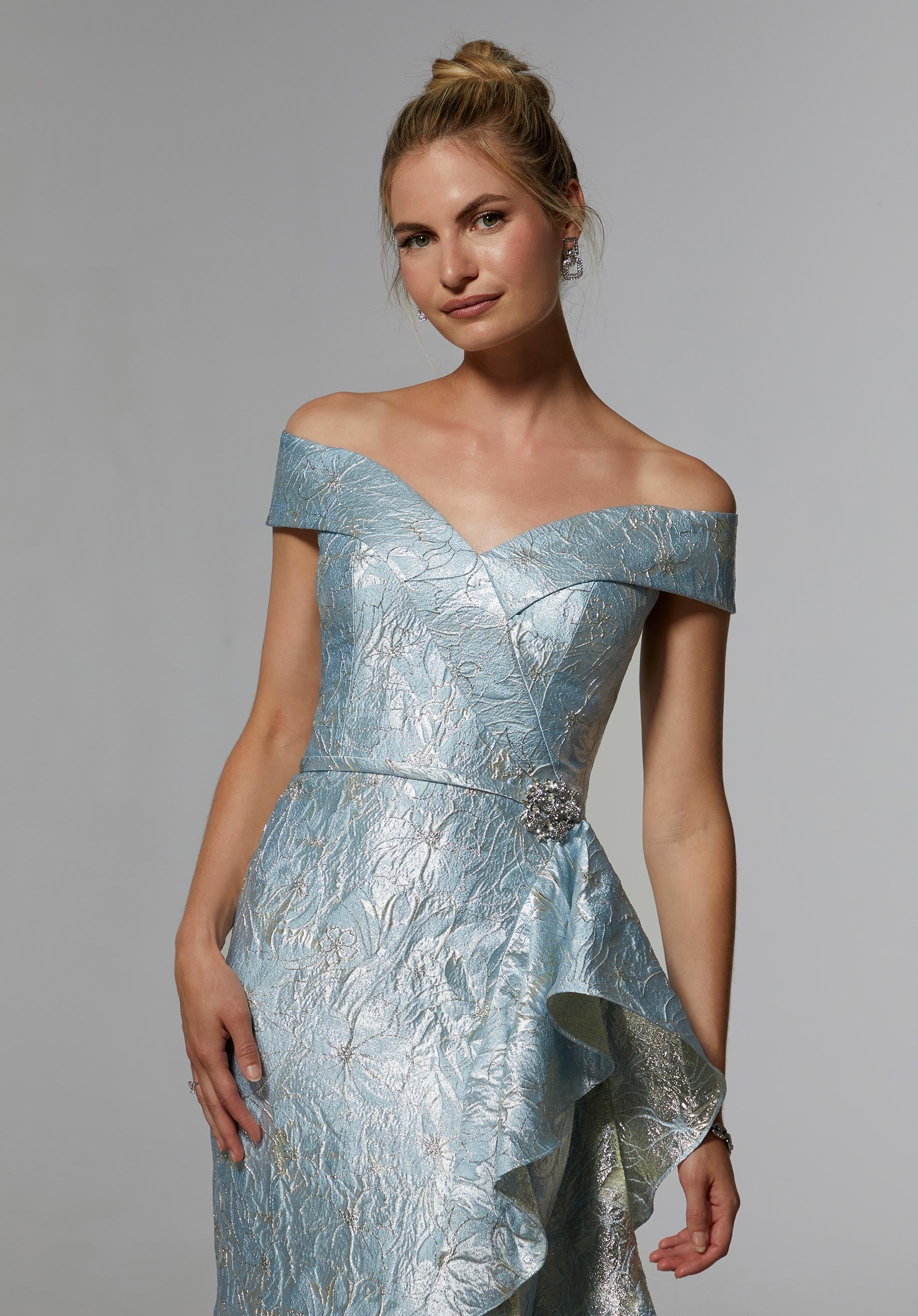 Metallic Jacquard Evening Gown with Crystal Brooch Morilee