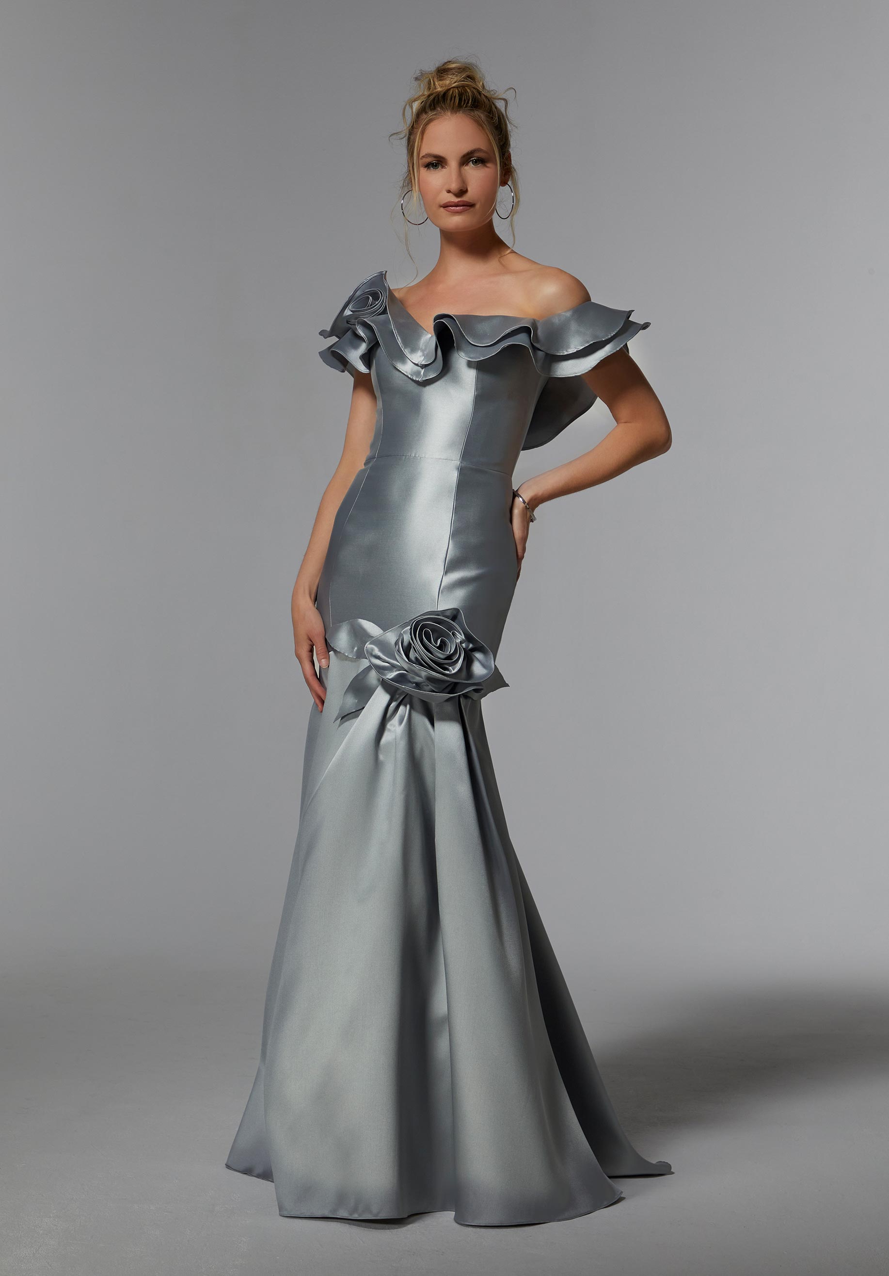Larissa Satin Evening Gown with Floral Ruffles Morilee