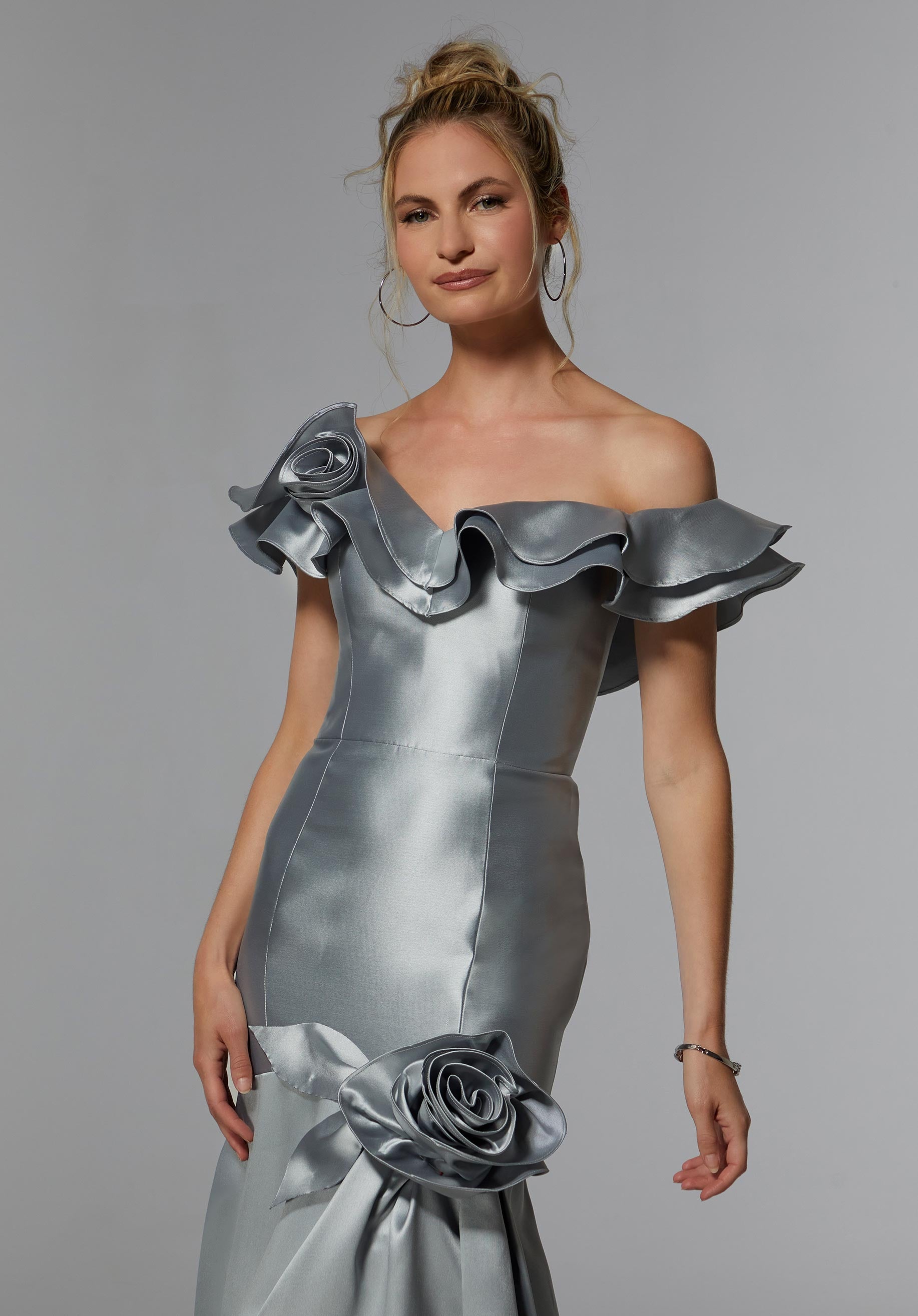 Larissa Satin Evening Gown with Floral Ruffles Morilee