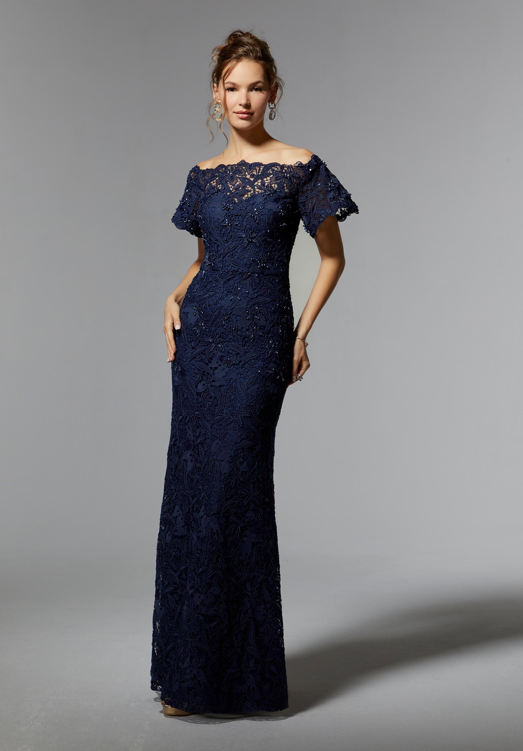 Allover Venice Lace Evening Gown with Pearl Beading Morilee