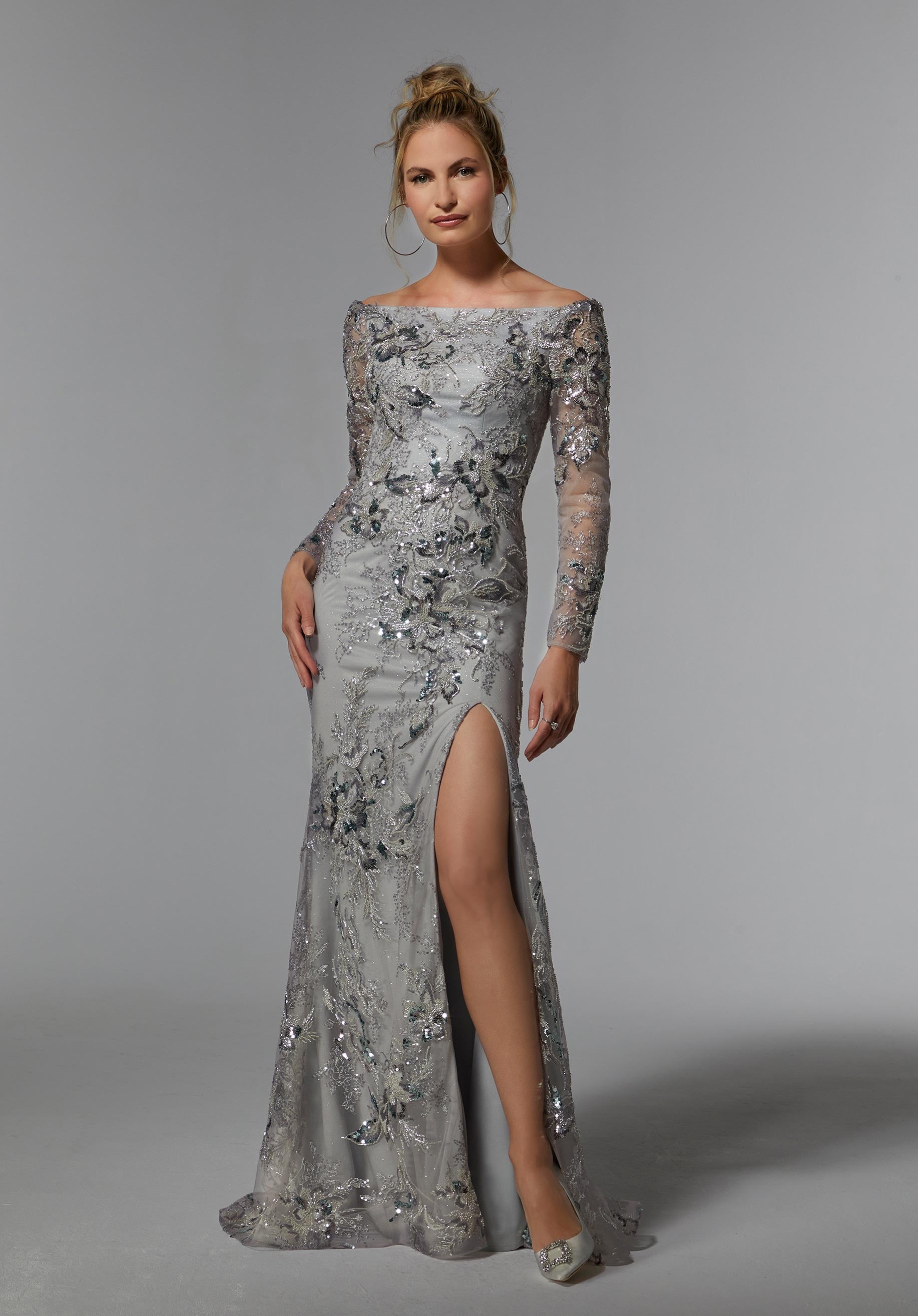Off The Shoulder Sequin Embroidered Evening Gown Morilee