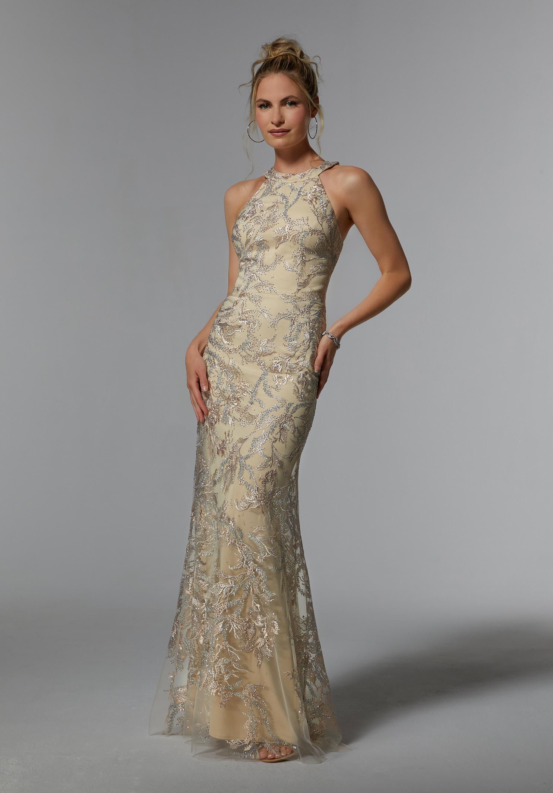 Embroidered Net Sheath with Gunmetal Beading Morilee