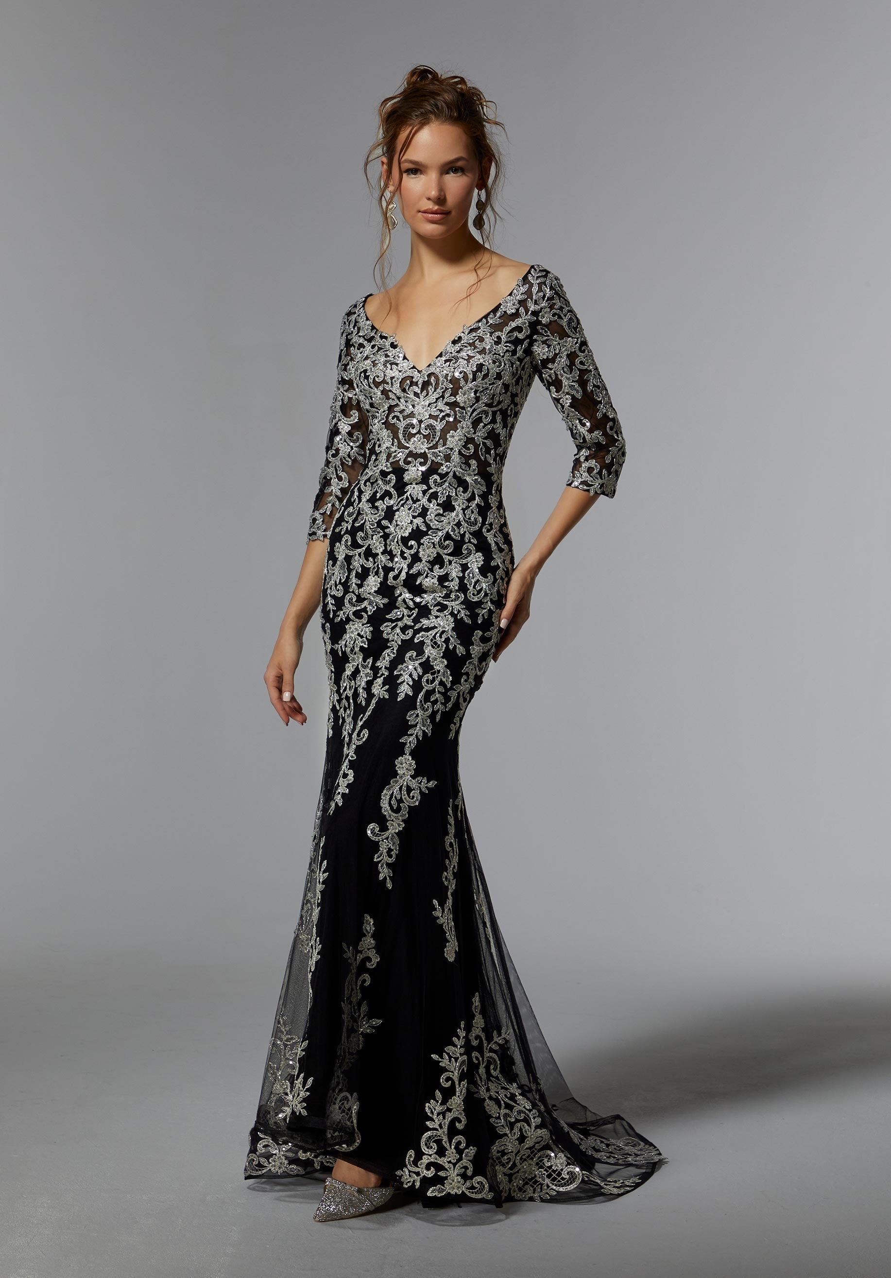 Frosted Metallic Lace Sheath Evening Gown Morilee