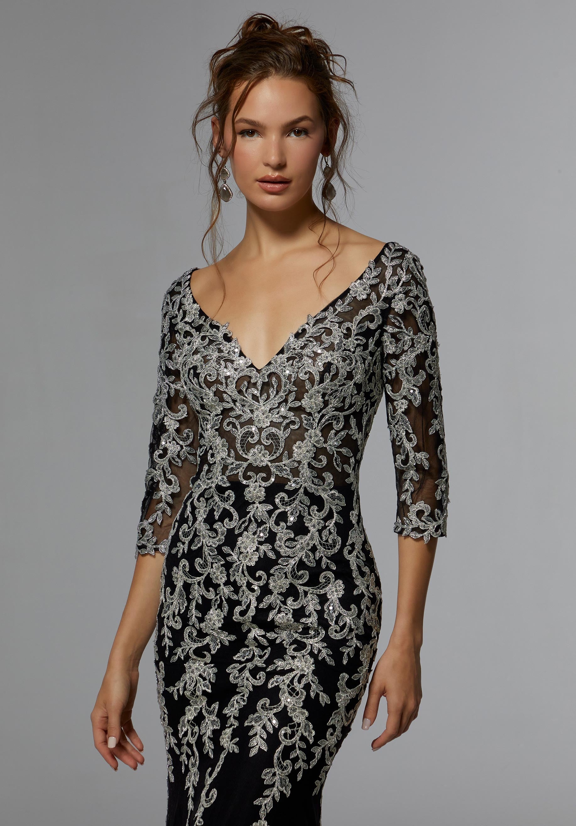 Frosted Metallic Lace Sheath Evening Gown Morilee