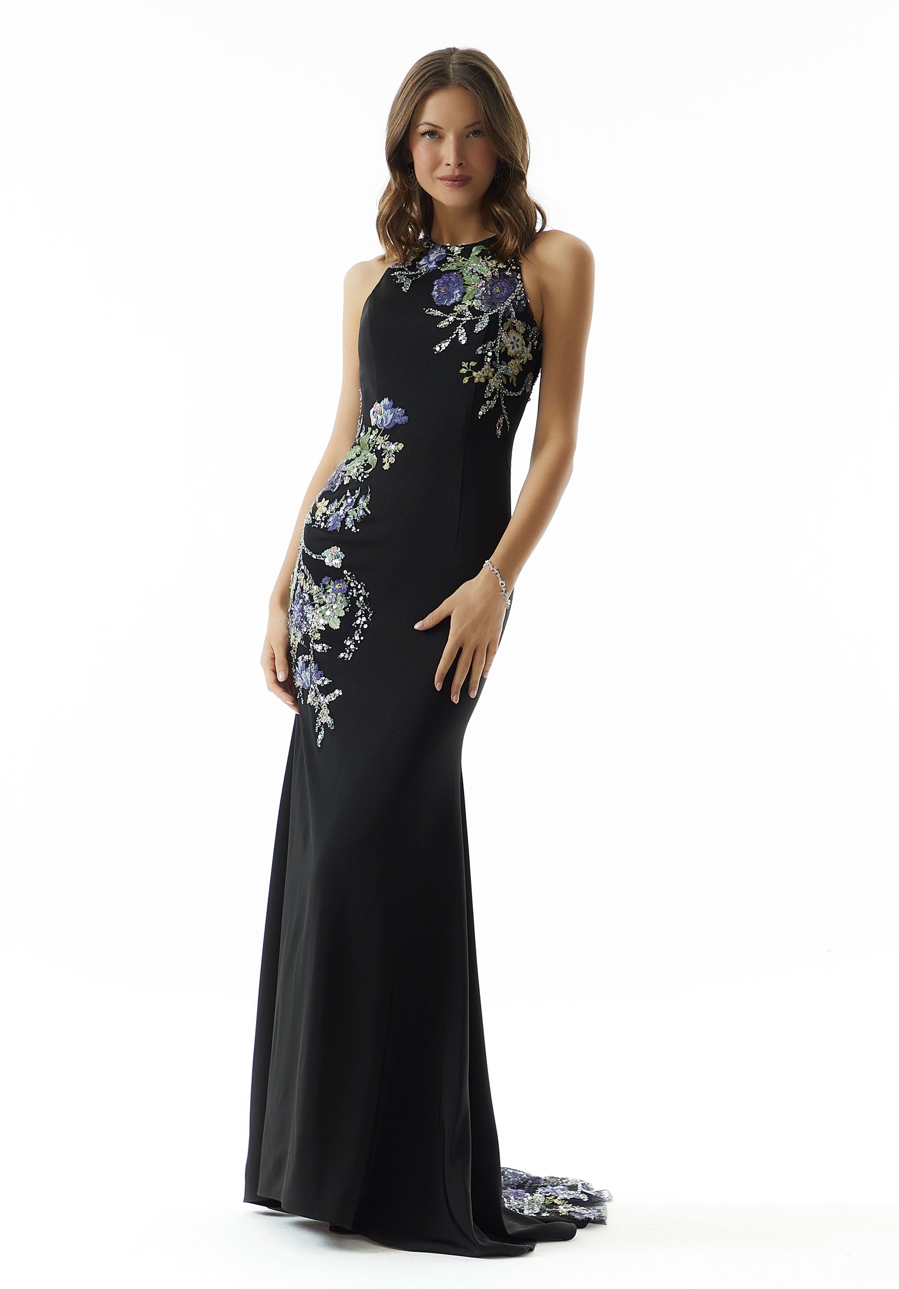 Beaded Contrasting Floral Embroidered Evening Gown Morilee