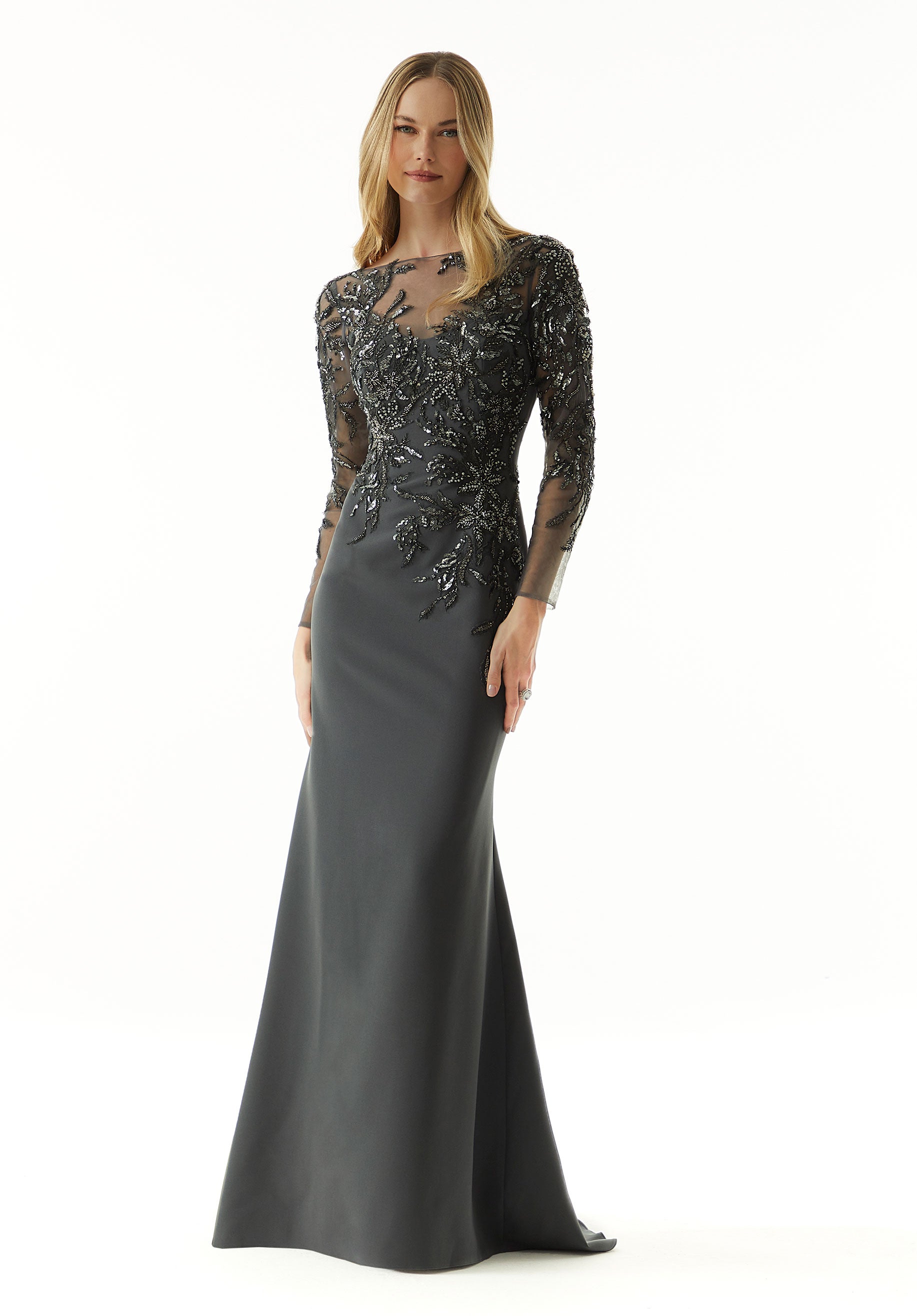 Illusion Fit and Flare Evening Gown with Beaded Metallic Embroidery Morilee