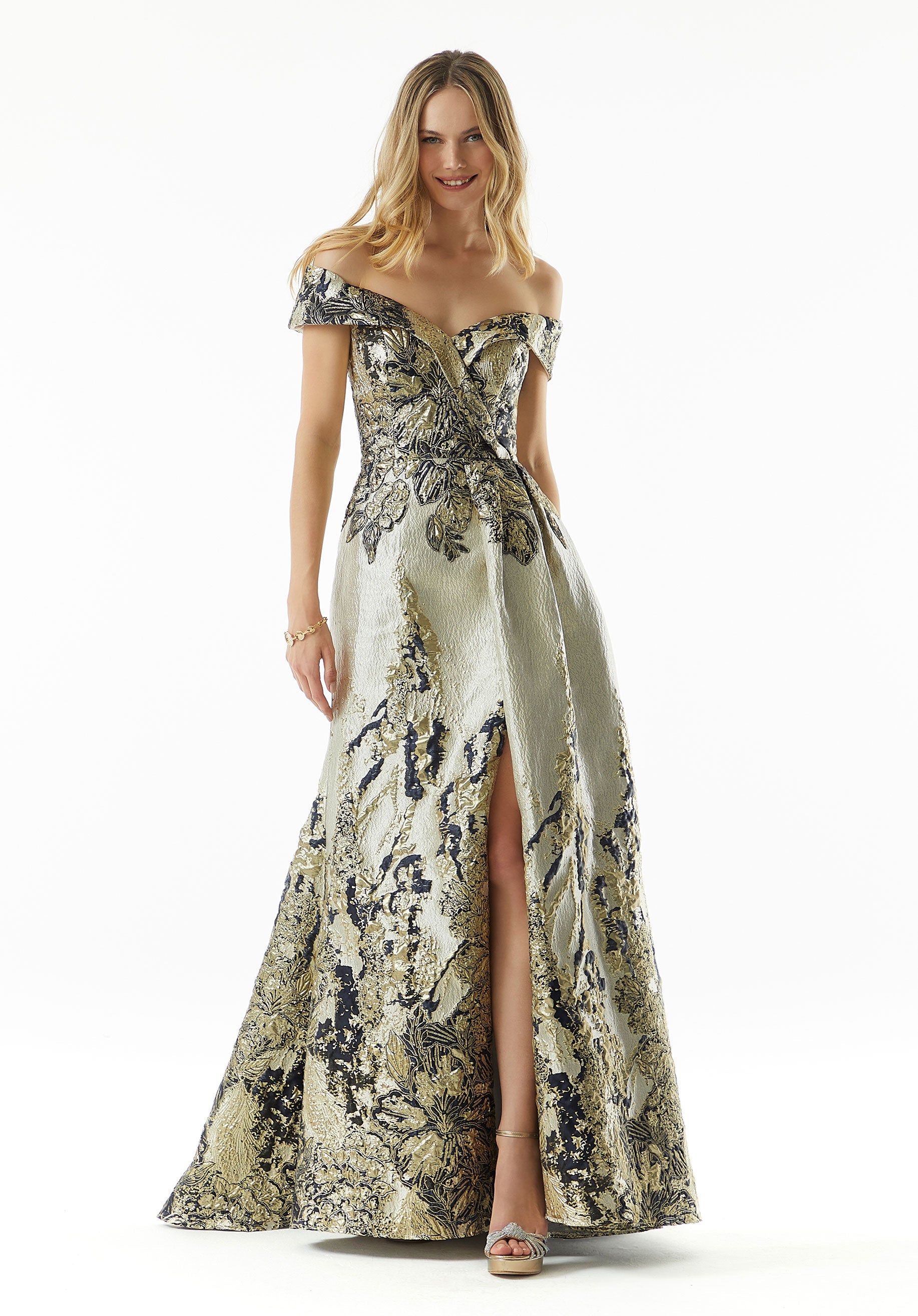Metallic Jacquard Gown with Front Drape Morilee