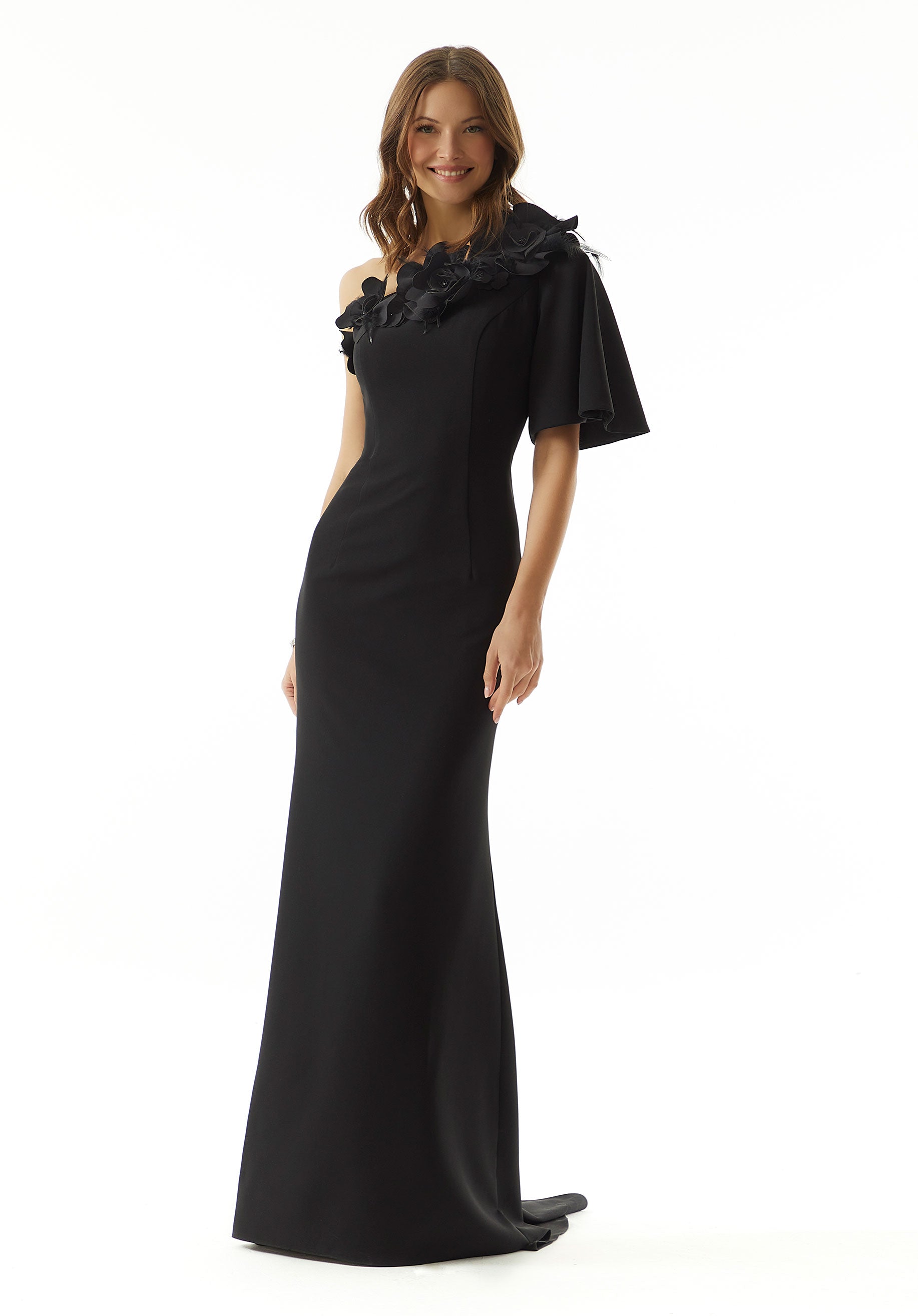 Stretch Crepe Evening Gown with Asymmetric Neckline and 3D Flowers Morilee