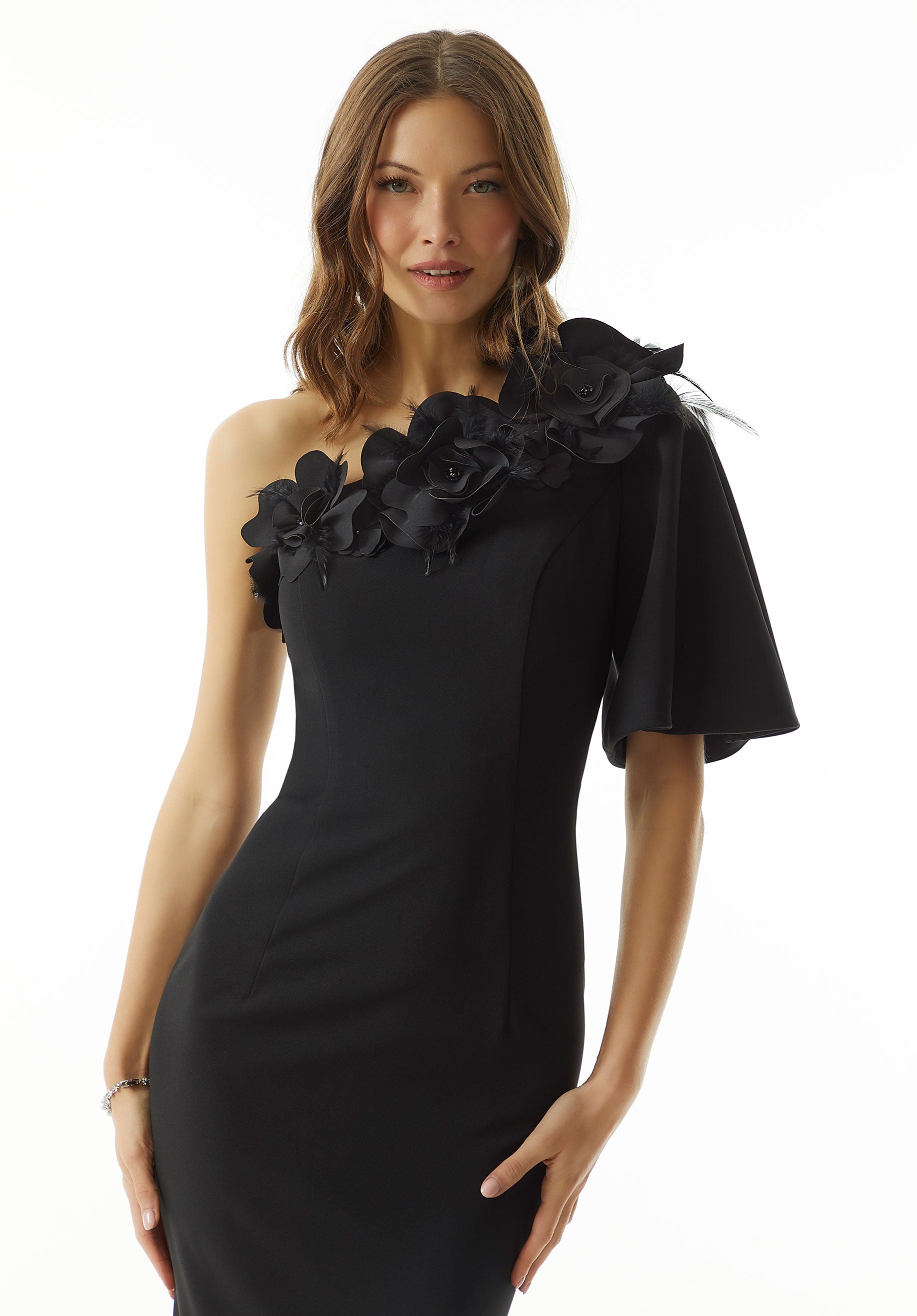 Stretch Crepe Evening Gown with Asymmetric Neckline and 3D Flowers Morilee