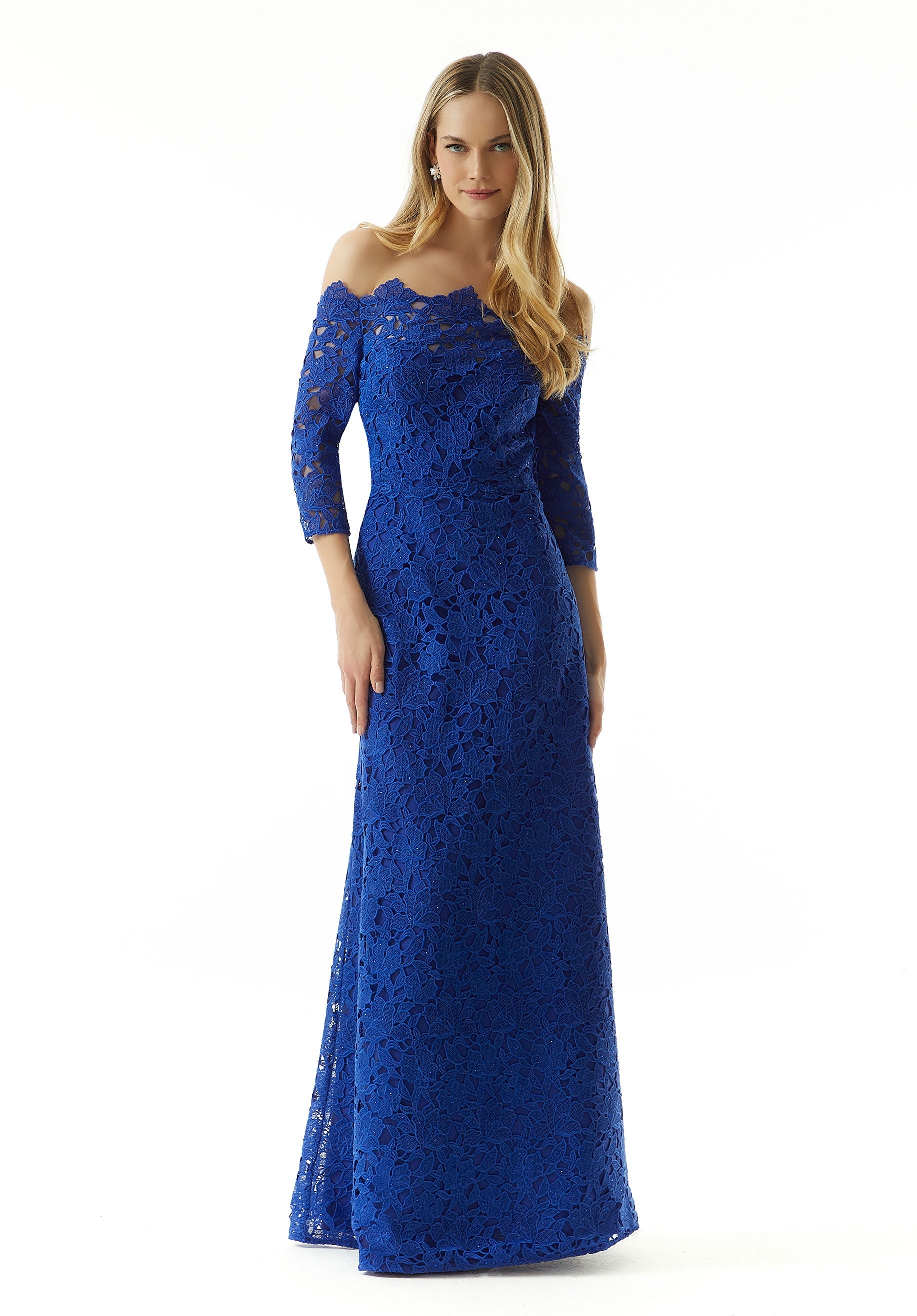 Crystal Beaded Venice Lace Evening Gown with Scalloped Neckline Morilee