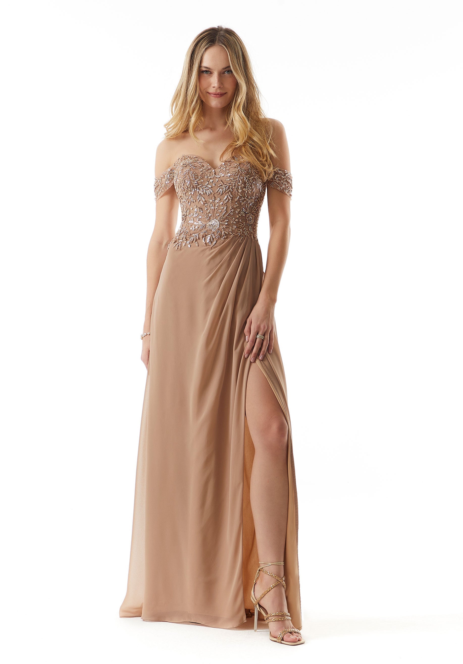 Draped Chiffon Evening Gown with Beaded Embroidery Morilee