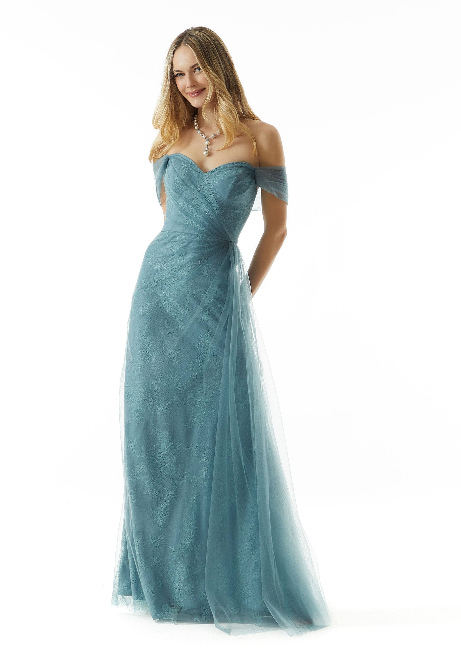 Draped Tulle Over Chantilly Lace Evening Gown Morilee