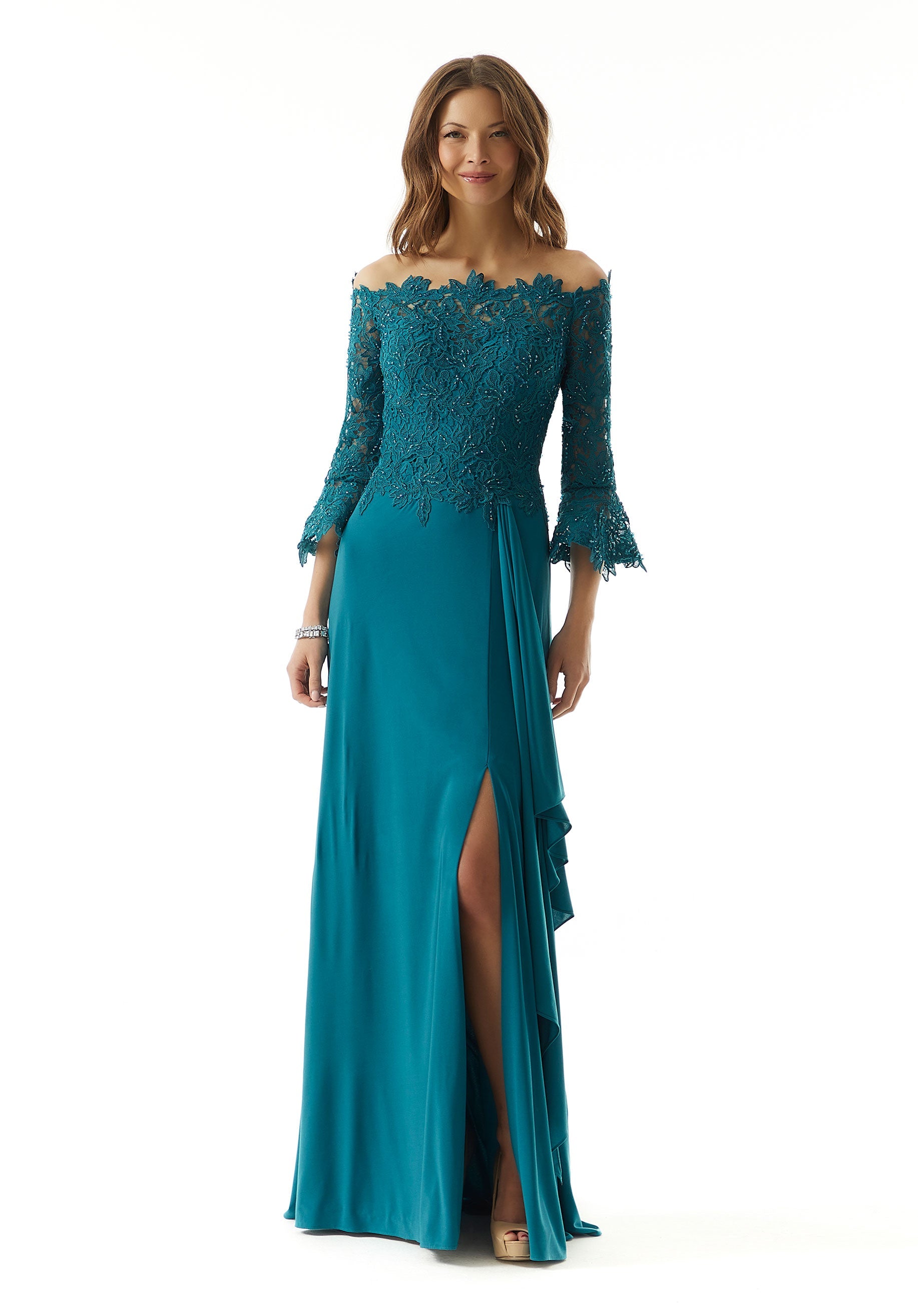 Beaded Venice Lace and Jersey Evening Gown Morilee