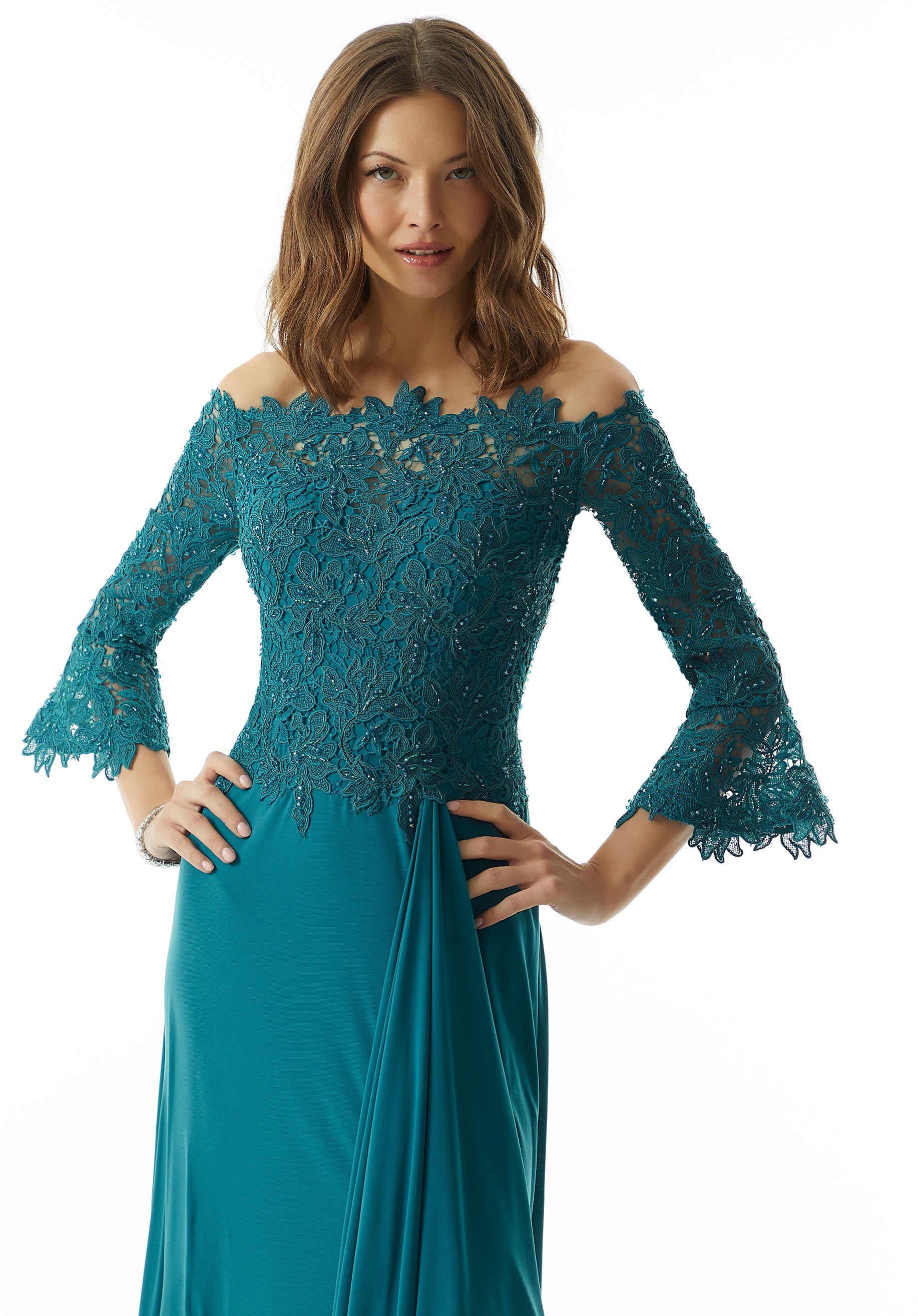 Beaded Venice Lace and Jersey Evening Gown Morilee