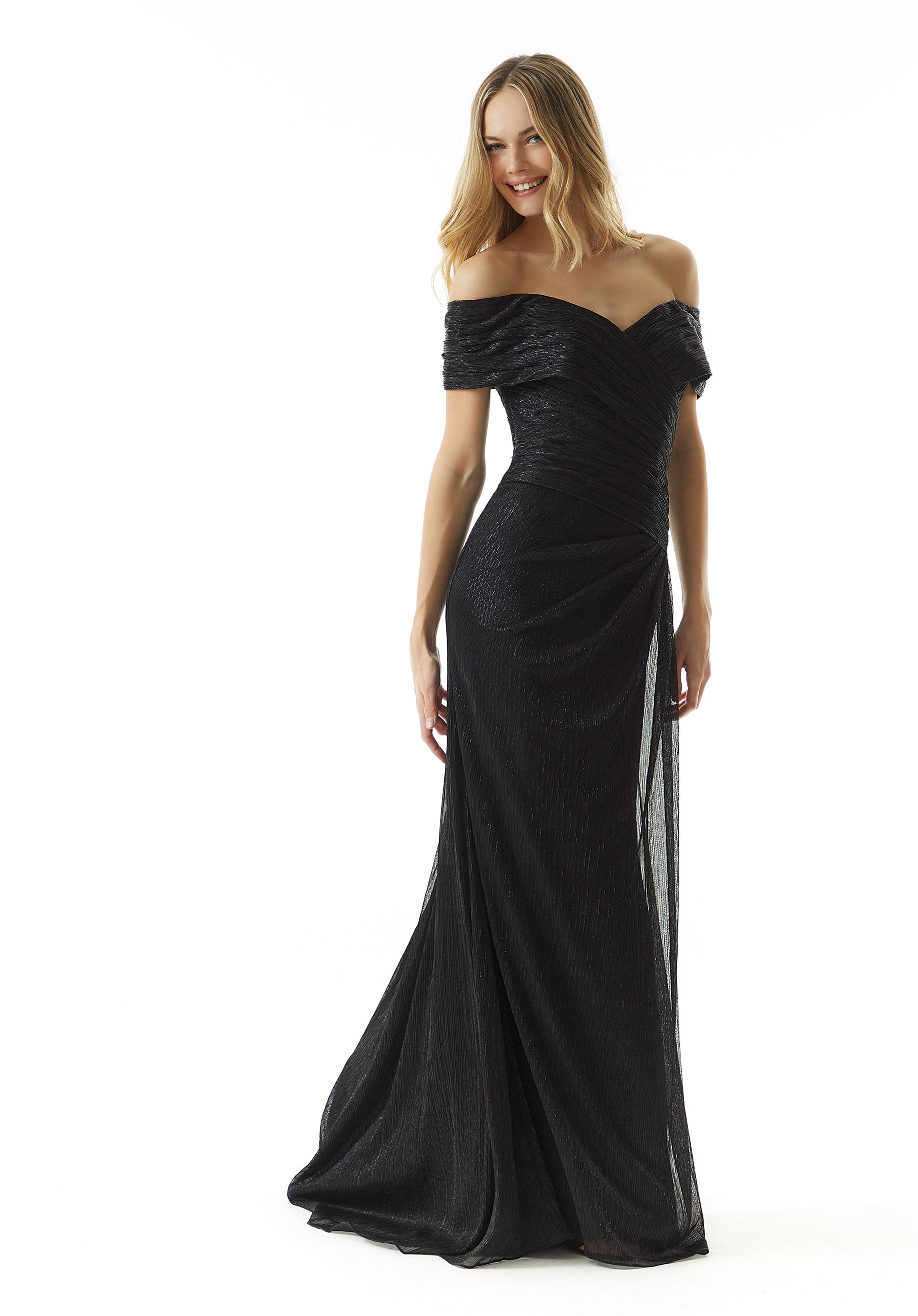 Draped Metallic Knit Evening Gown with Surplice Bodice Morilee