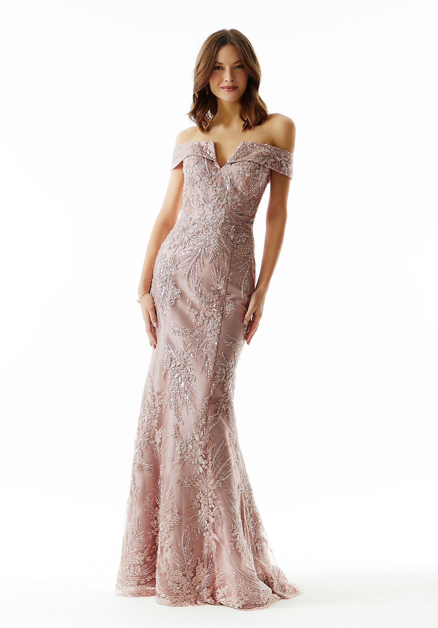 Allover Beaded Embroidered Evening Gown with V-Notch Neckline Morilee