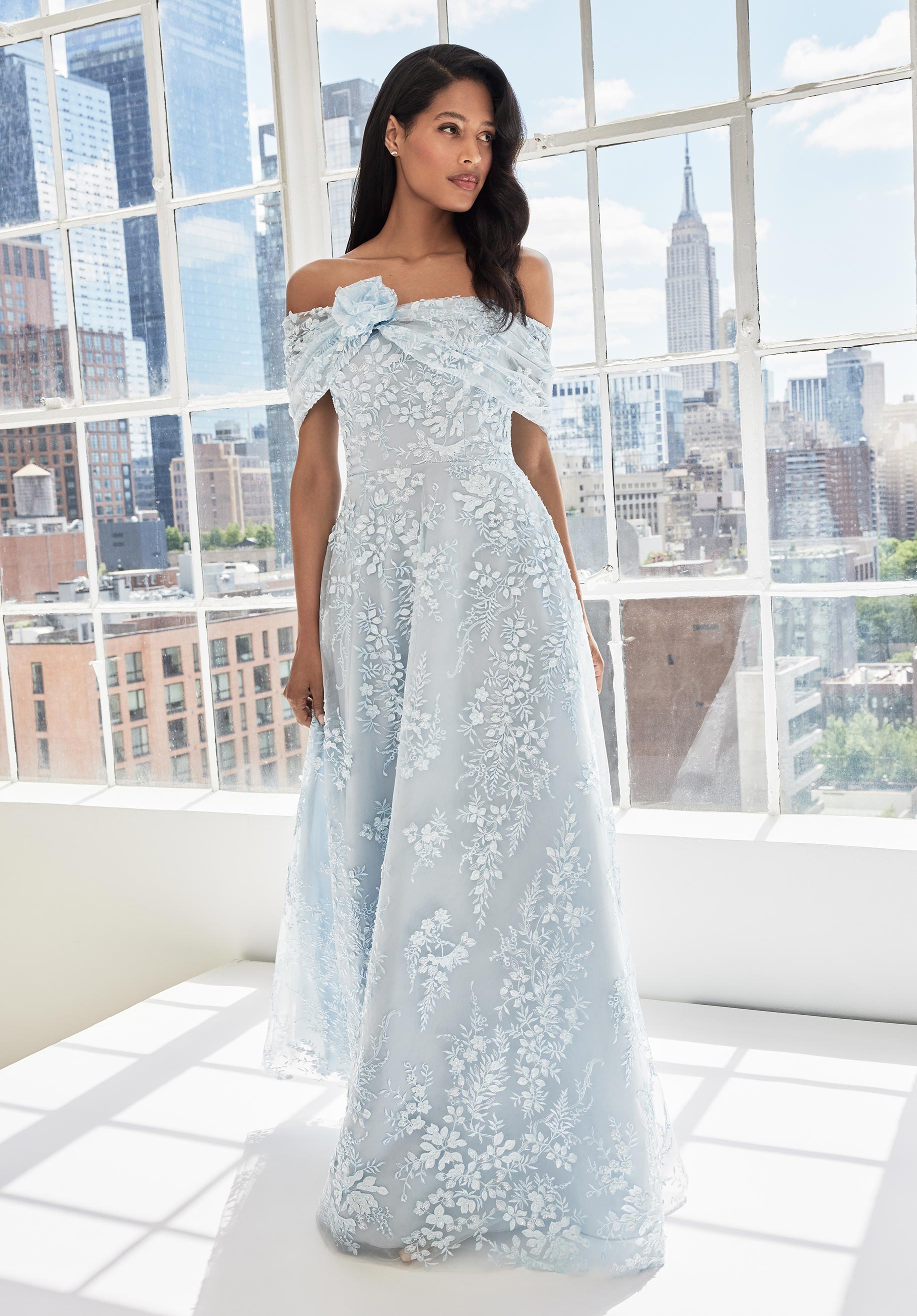 Three Dimensional Floral A-Line Evening Gown with Shawl Morilee