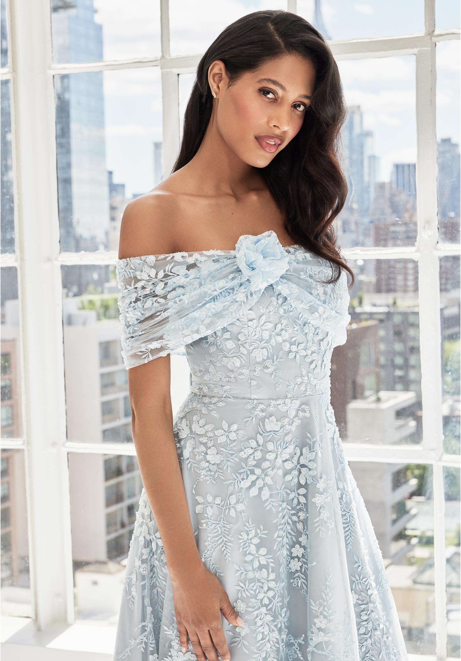 Three Dimensional Floral A-Line Evening Gown with Shawl Morilee