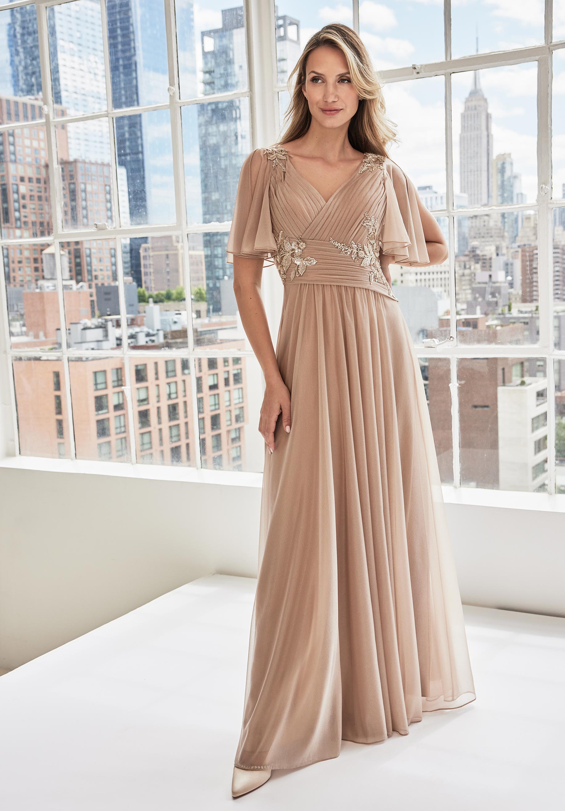 Asymmetrically Draped Flutter Sleeve Evening Gown Morilee