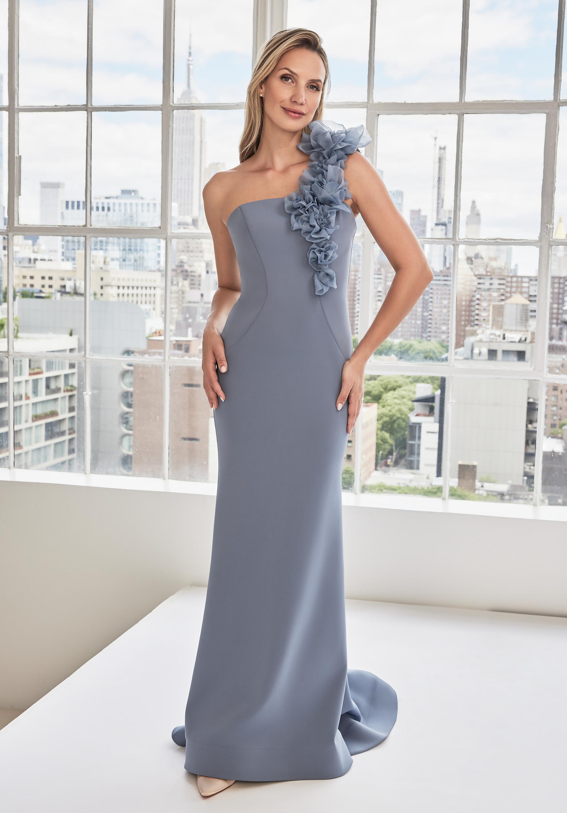 One Shoulder Floral Drape Evening Gown in Scuba Jersey Morilee