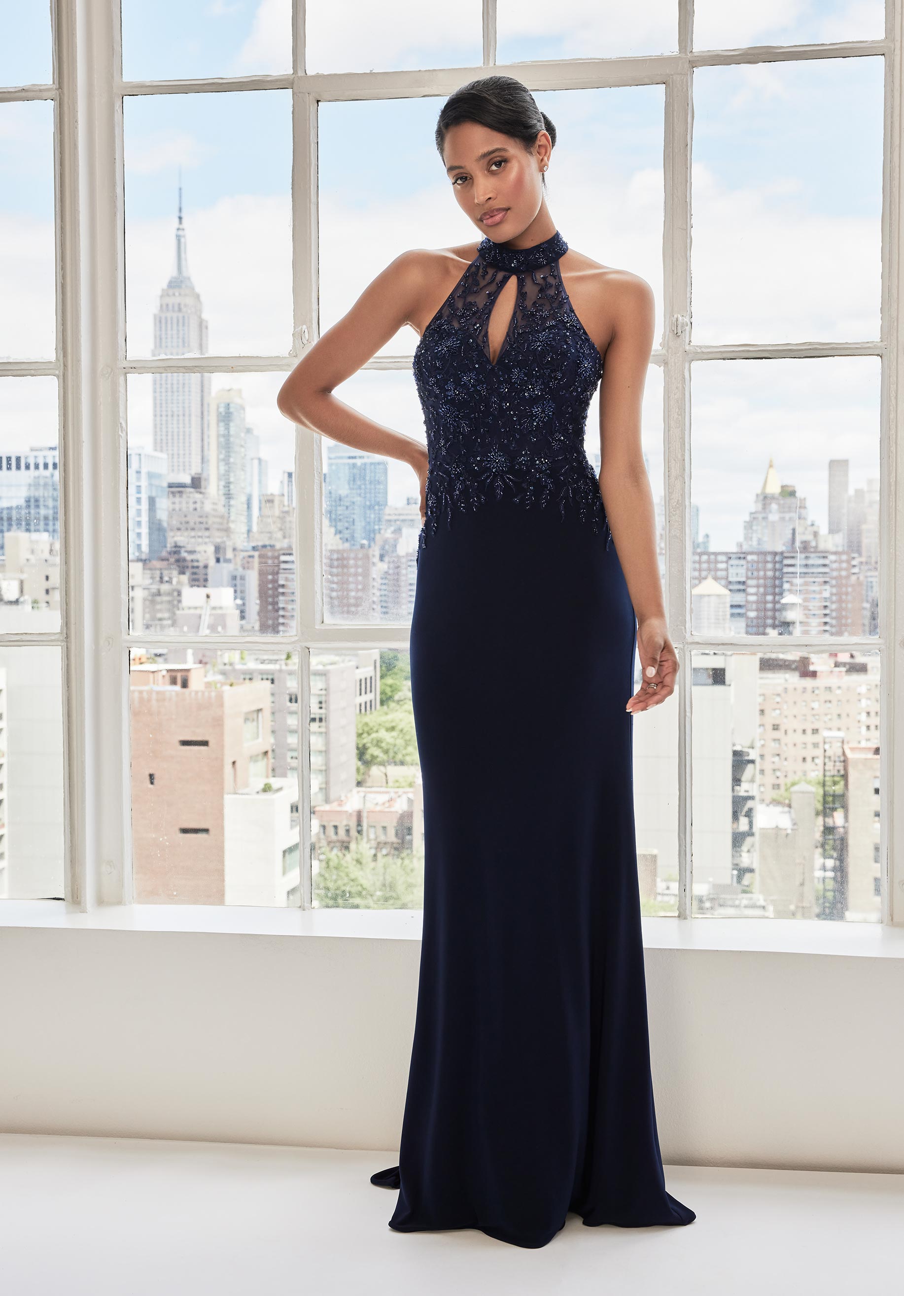 Floral Beaded Embroidered Keyhole Halter Evening Gown Morilee