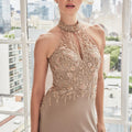 Floral Beaded Embroidered Keyhole Halter Evening Gown Morilee