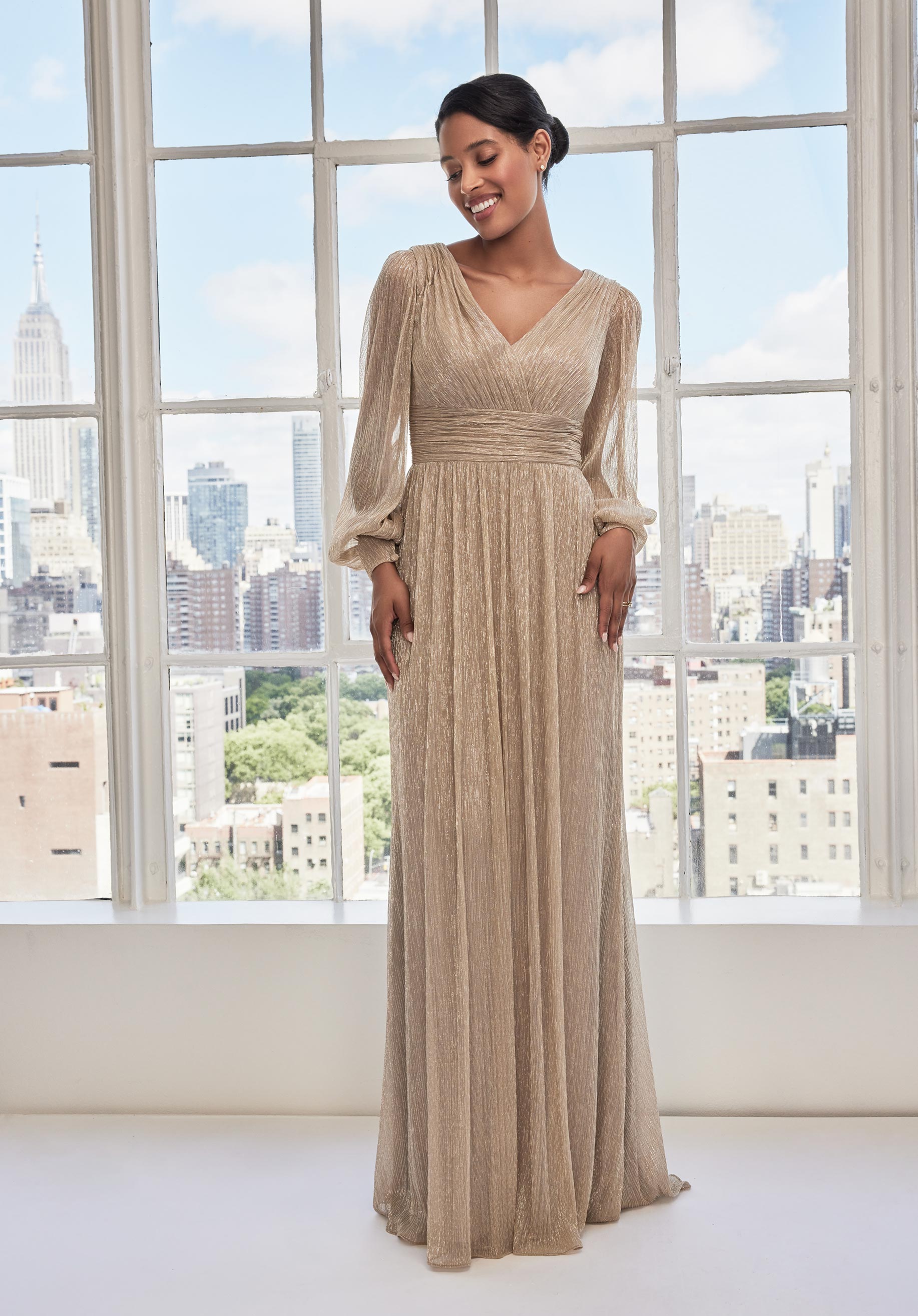 Long Sleeve Draped Metallic Knit Evening Gown Morilee