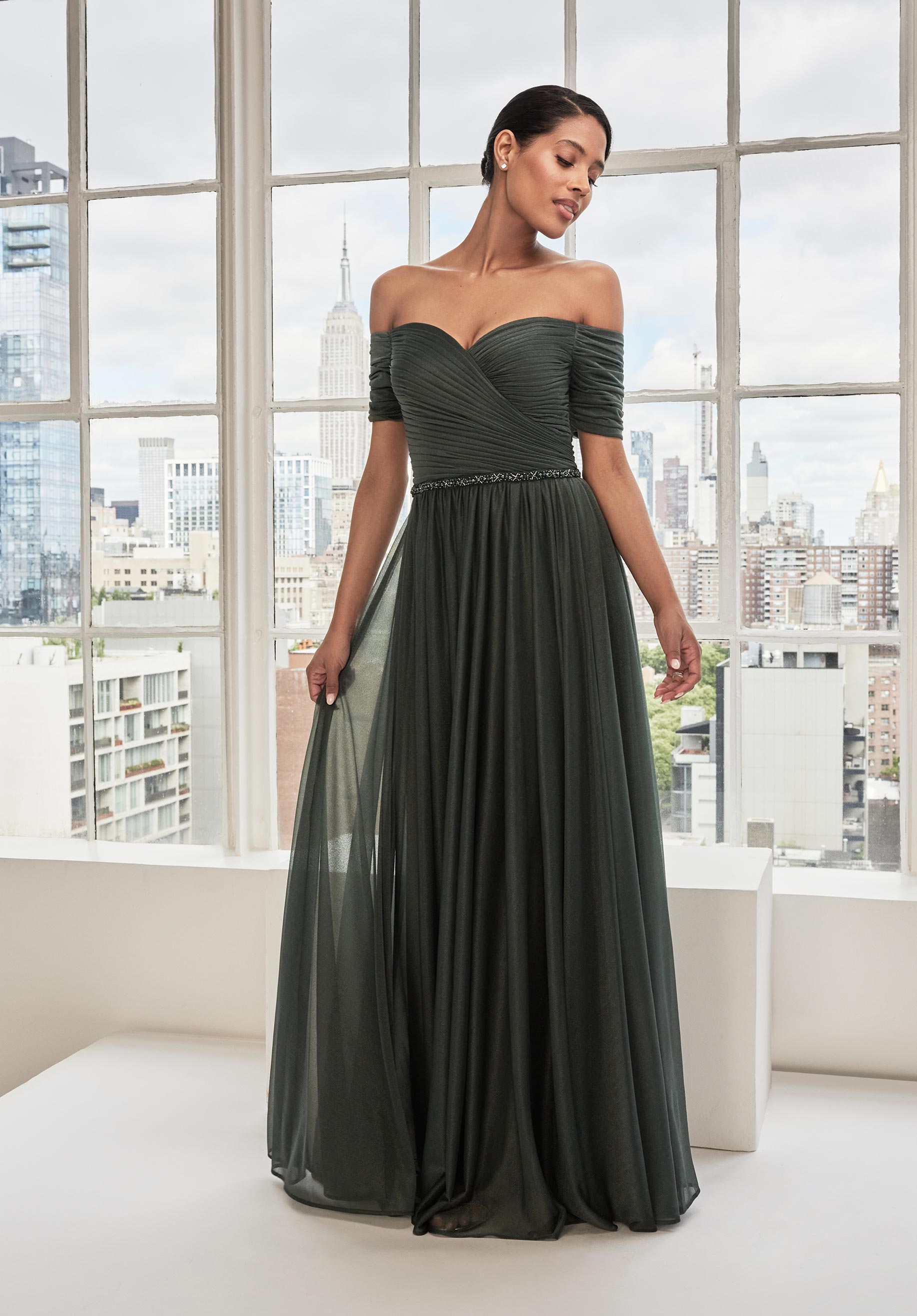 Draped Shimmer Mesh Evening Gown with Crystal Beaded Trim Morilee
