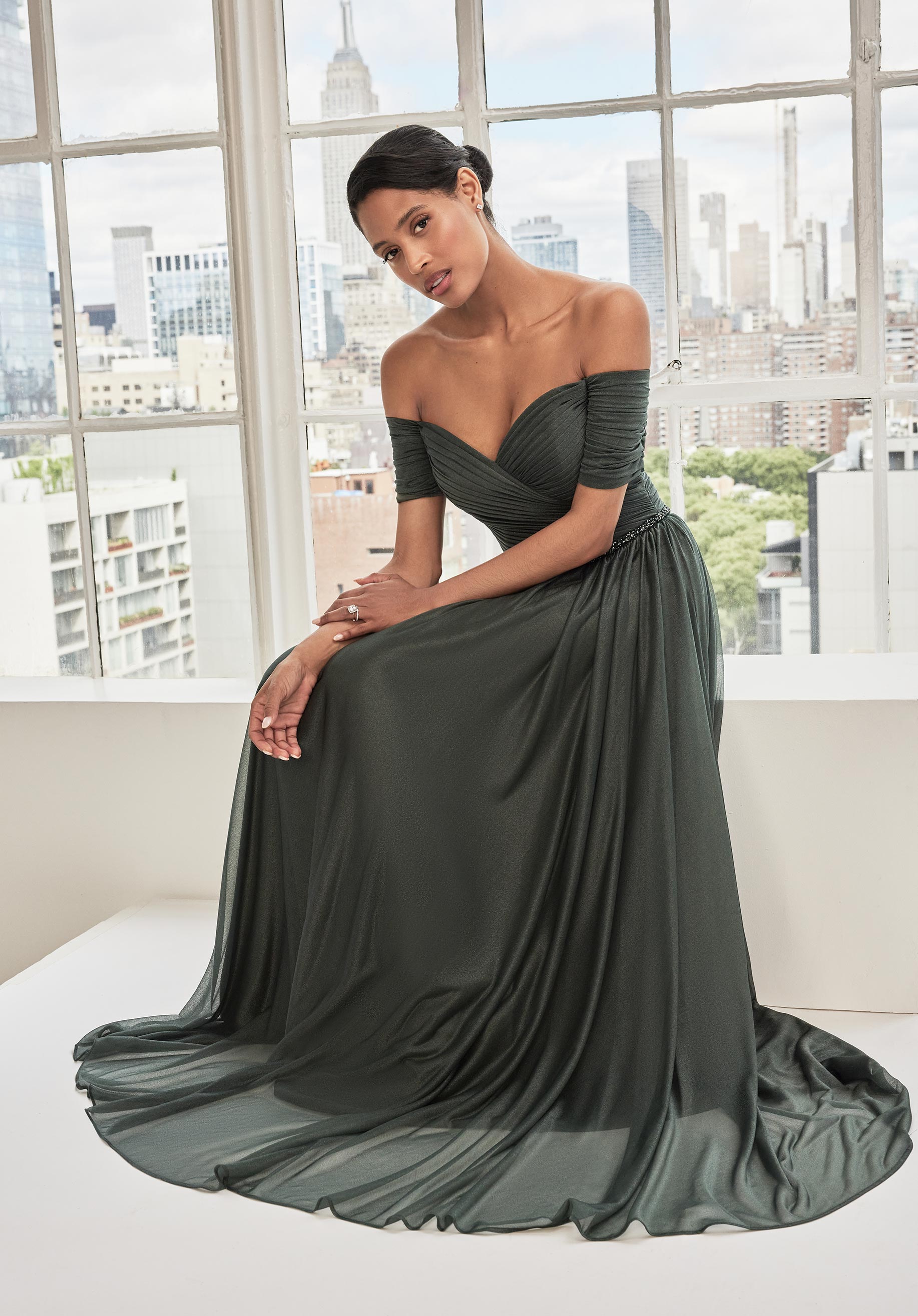 Draped Shimmer Mesh Evening Gown with Crystal Beaded Trim Morilee