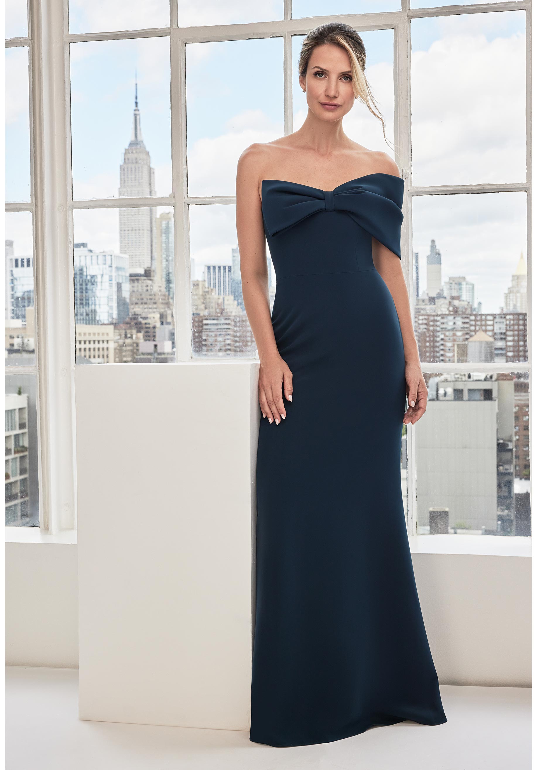 Off The Shoulder Bow Stretch Crepe Evening Gown Morilee