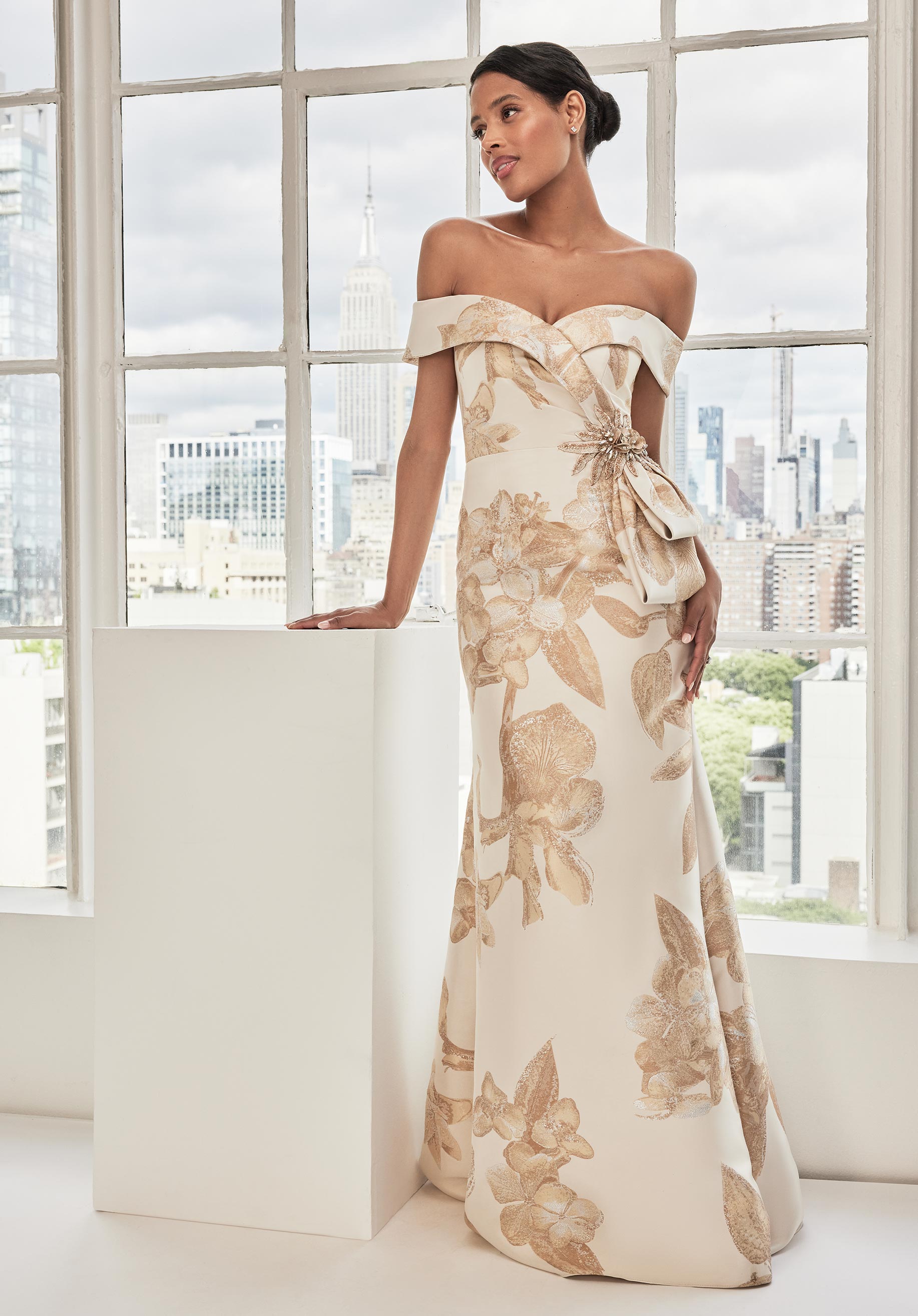 Metallic Brocade Evening Gown with Abstract Floral Print Morilee