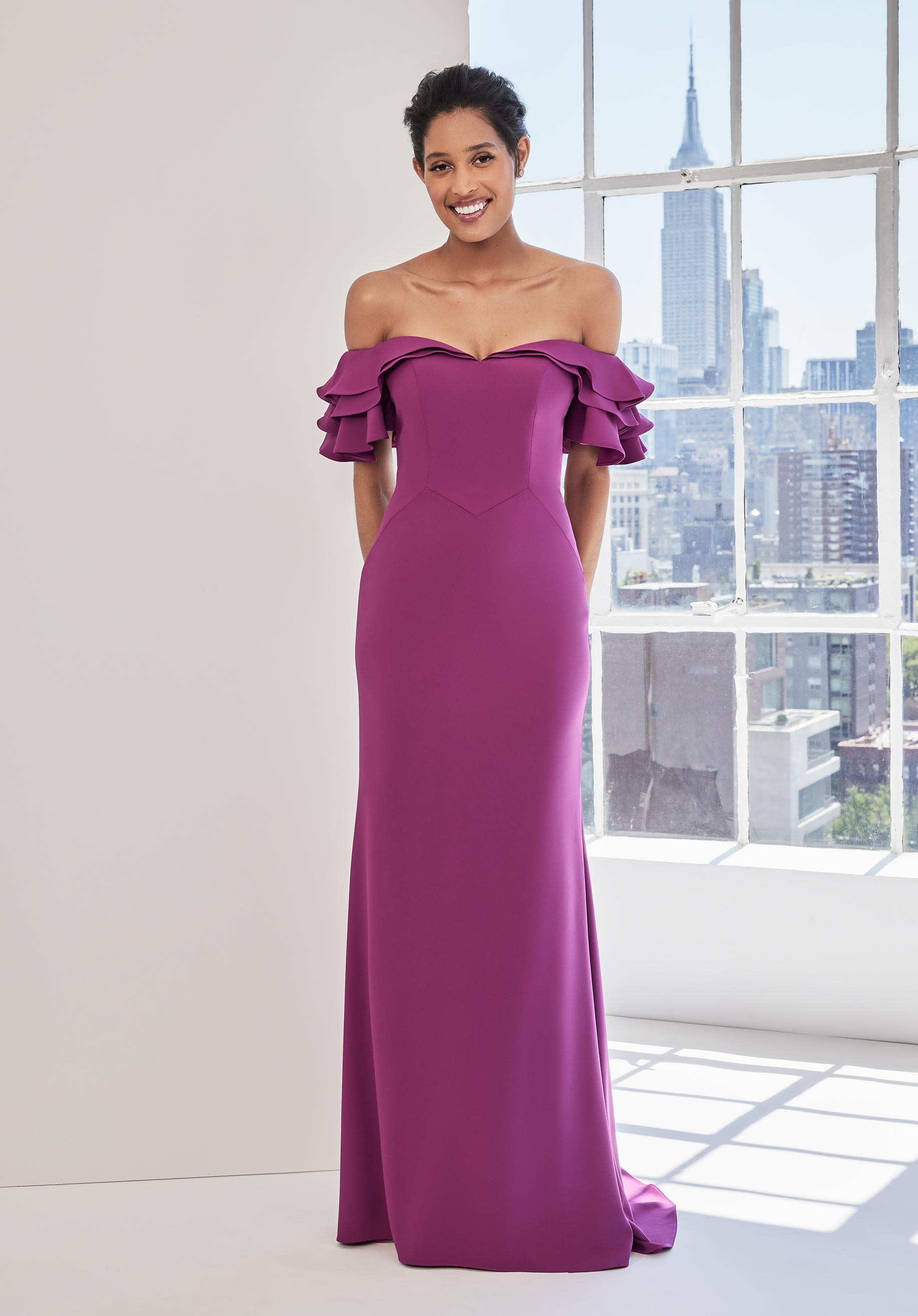 Stretch Crepe Evening Gown with Tiered Ruffle Sleeves Morilee
