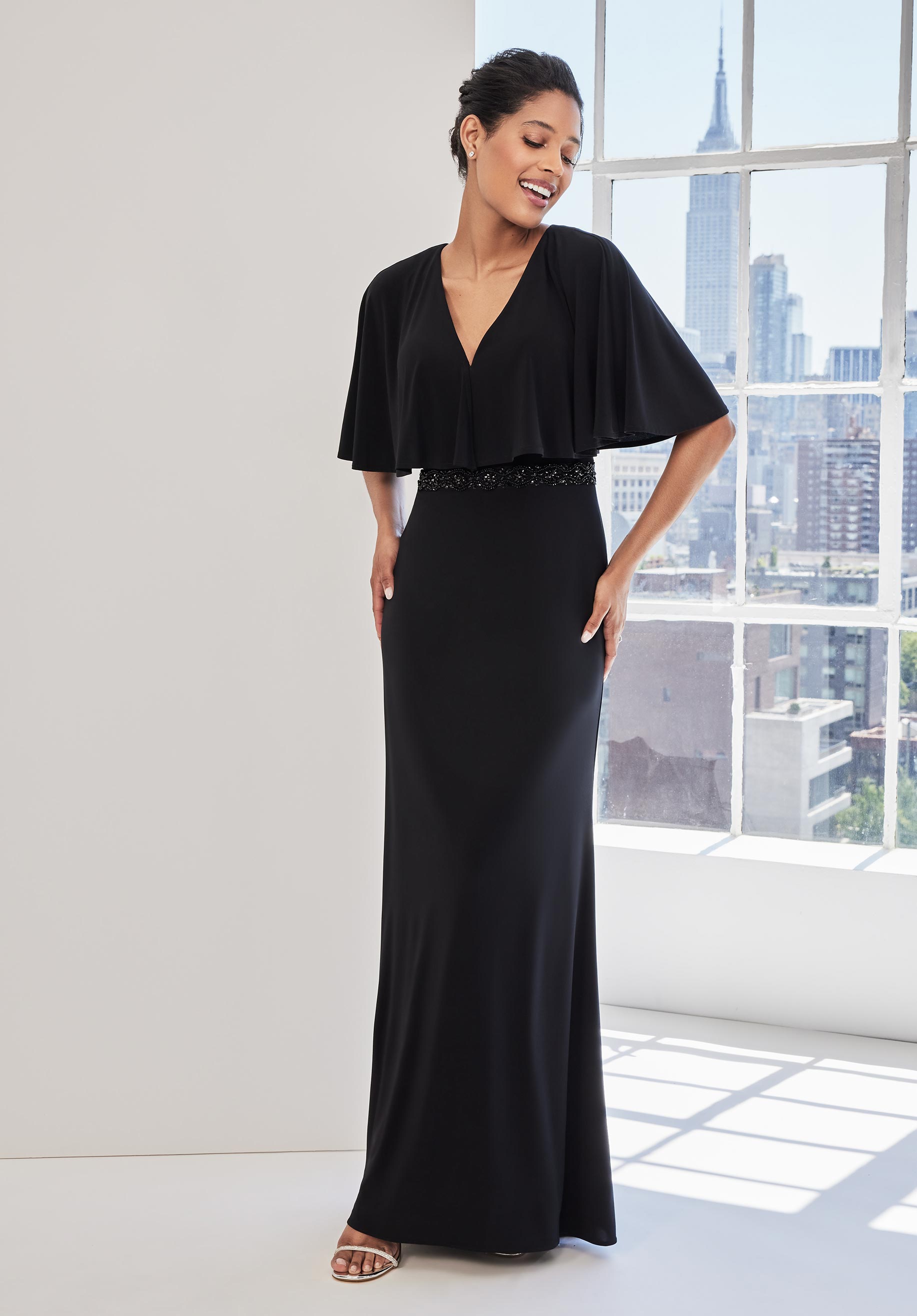 Jersey Sheath Evening Gown with Cape Sleeves Morilee