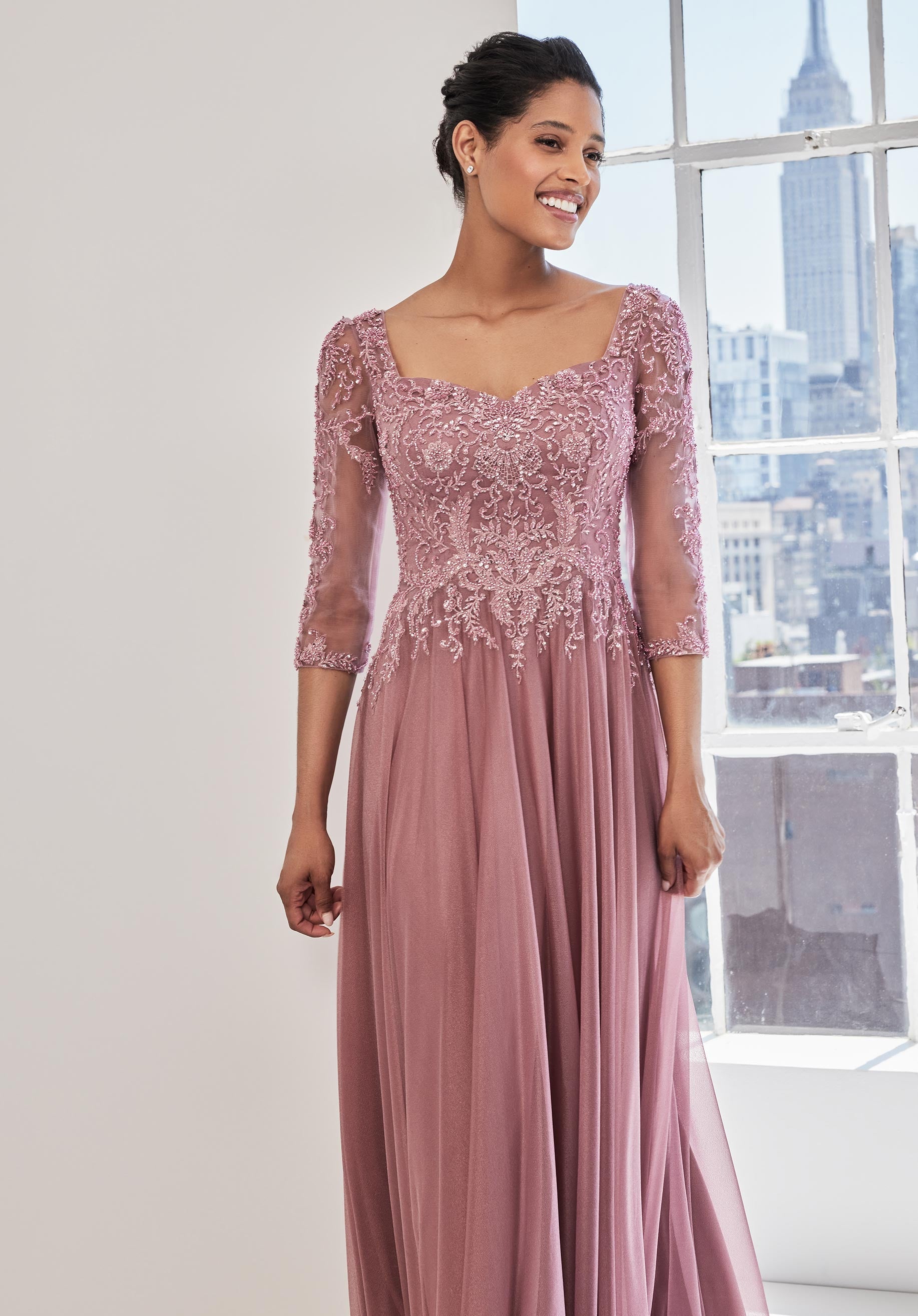 Beaded Embroidered Metallic Mesh A-line Evening Gown Morilee