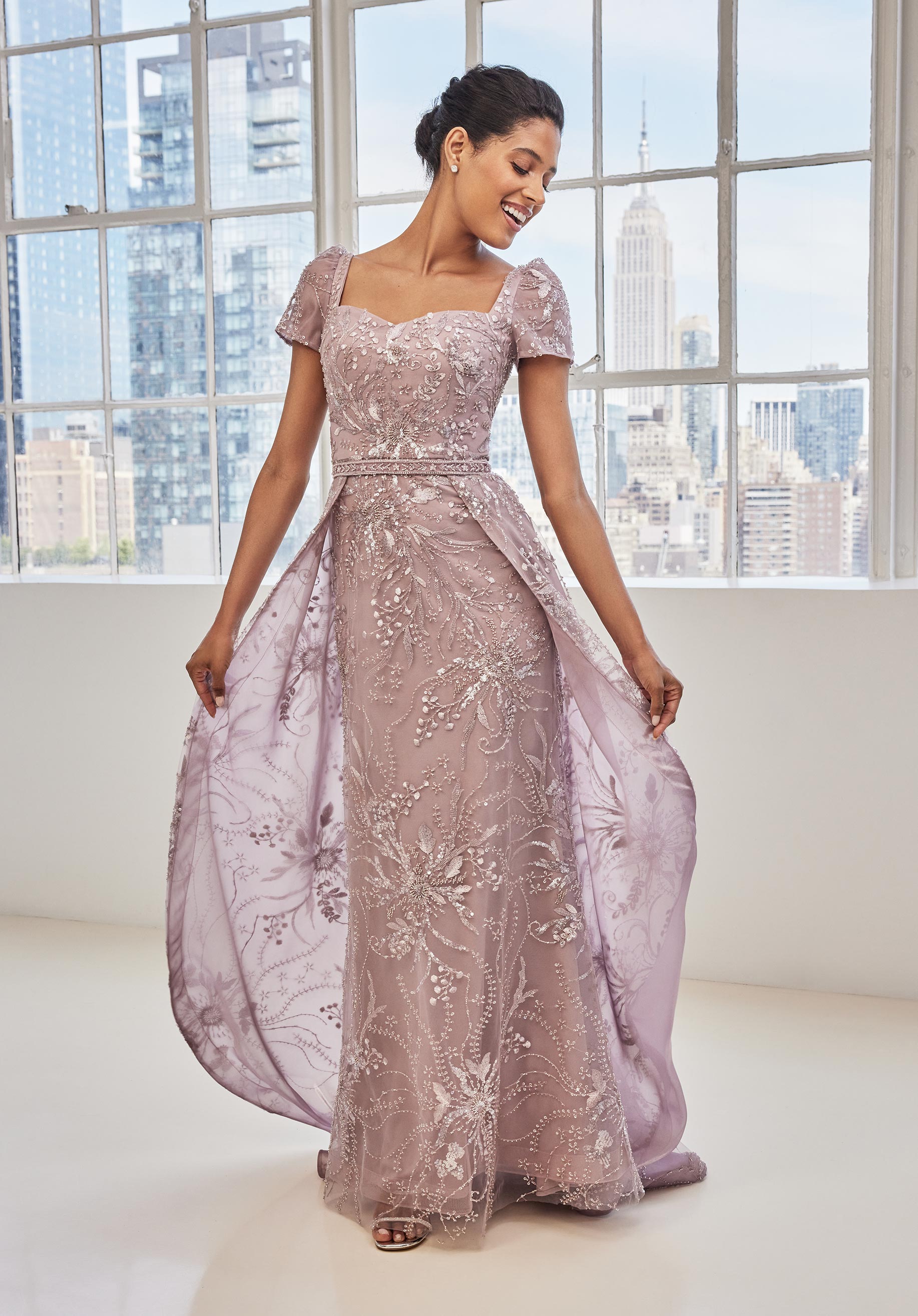 Allover Embroidered Beaded Net Evening Gown with Detachable Train Morilee