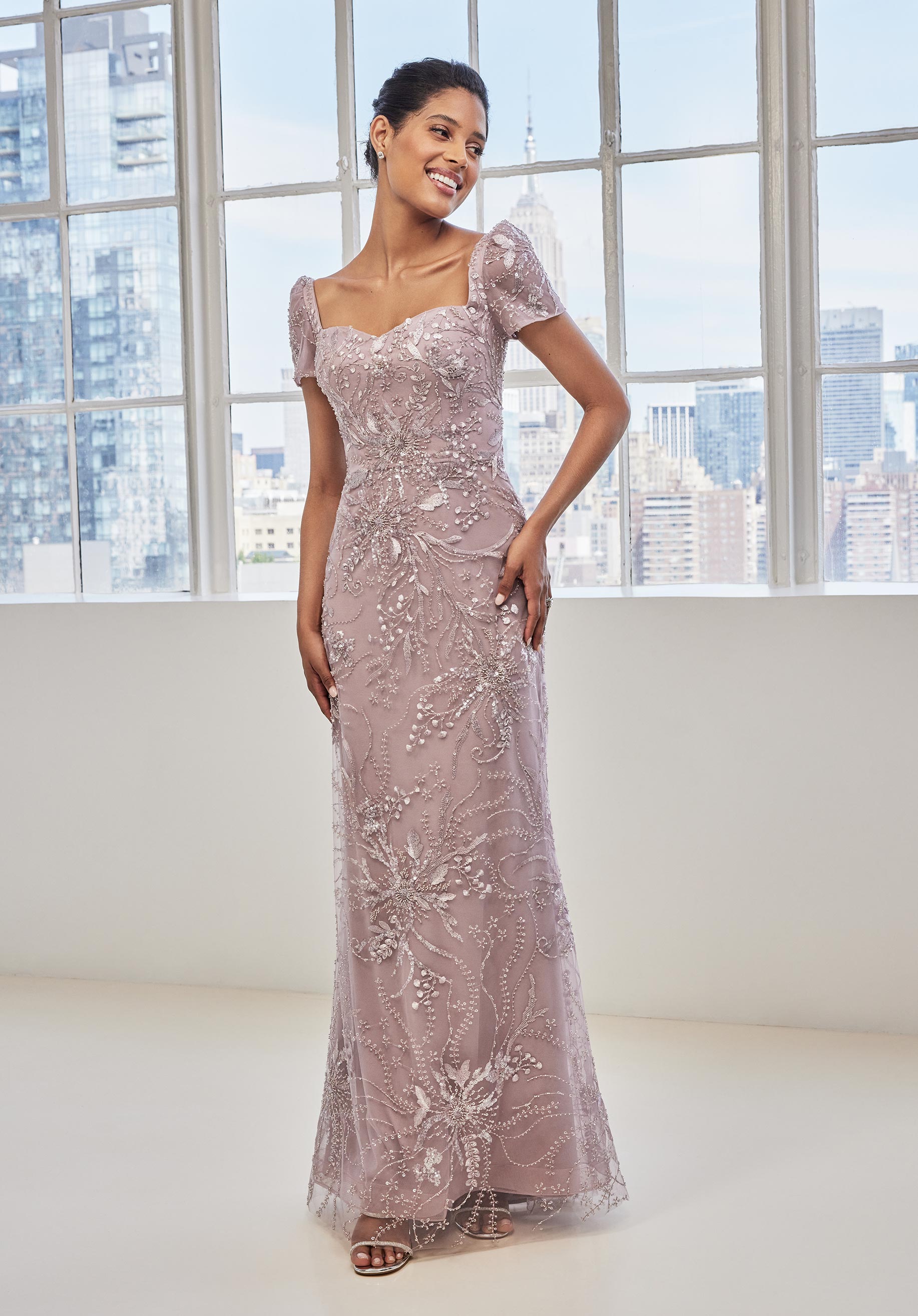 Allover Embroidered Beaded Net Evening Gown with Detachable Train Morilee
