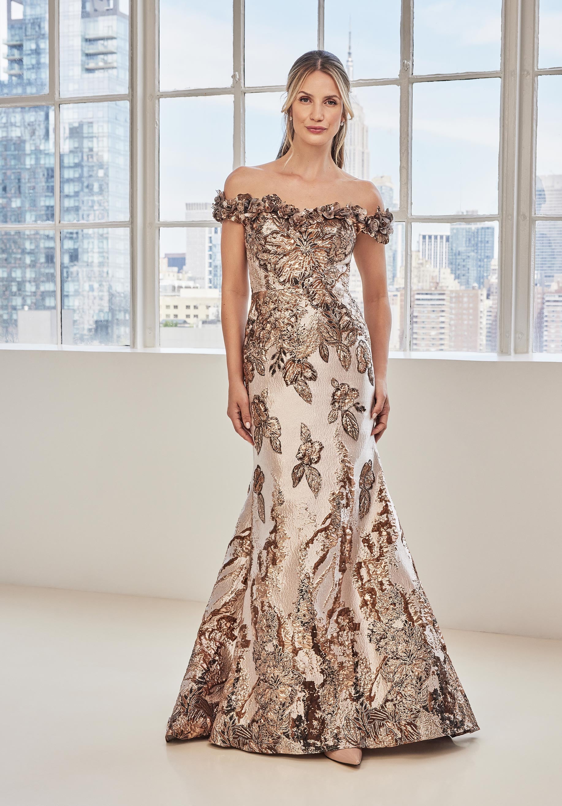 Three Dimensional Floral Metallic Jacquard Evening Gown Morilee