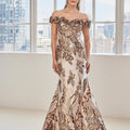 Three Dimensional Floral Metallic Jacquard Evening Gown Morilee