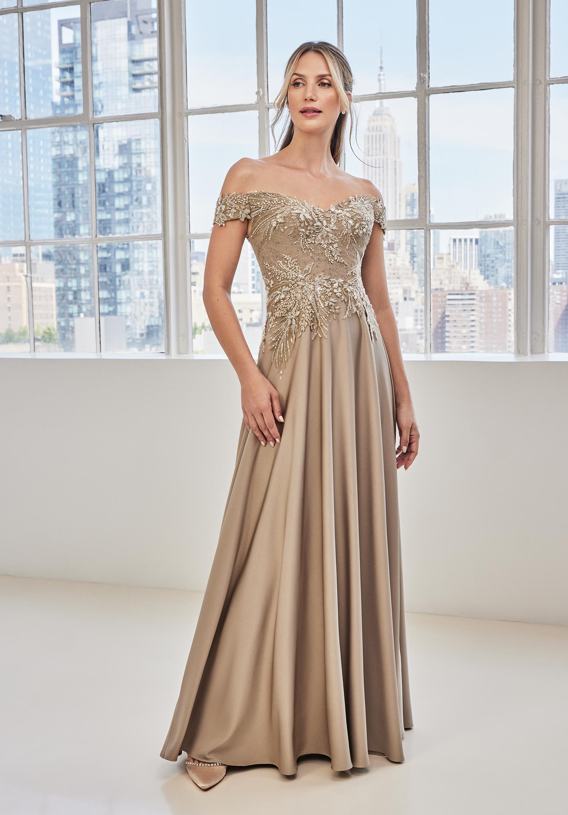 Off The Shoulder Embroidered Crepe Evening Gown Morilee