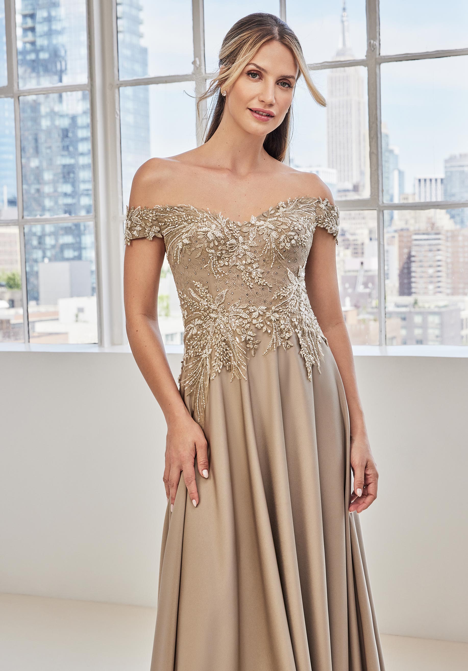 Off The Shoulder Embroidered Crepe Evening Gown Morilee