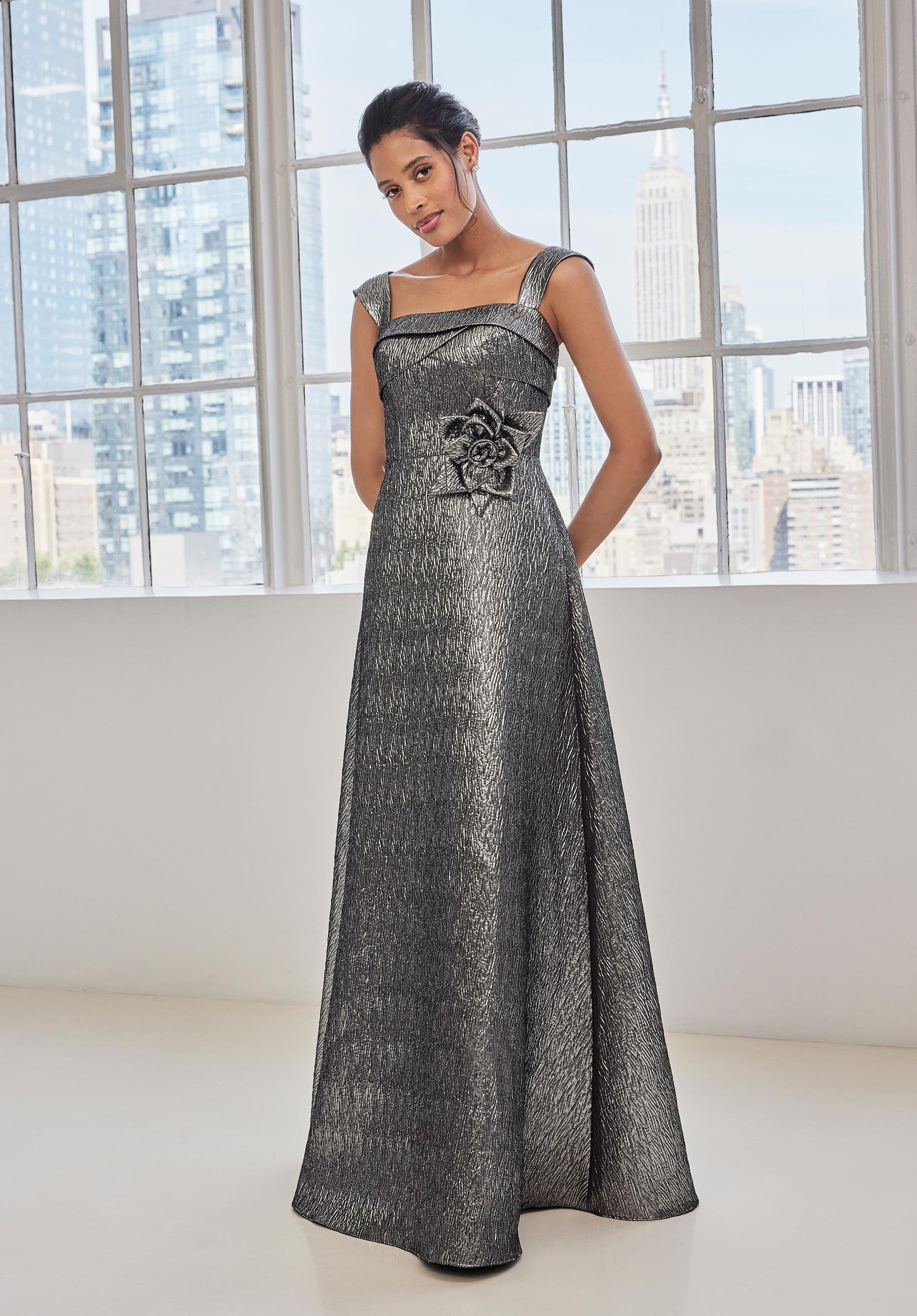 Metallic Brocade A-Line Evening Gown with Rosette Morilee
